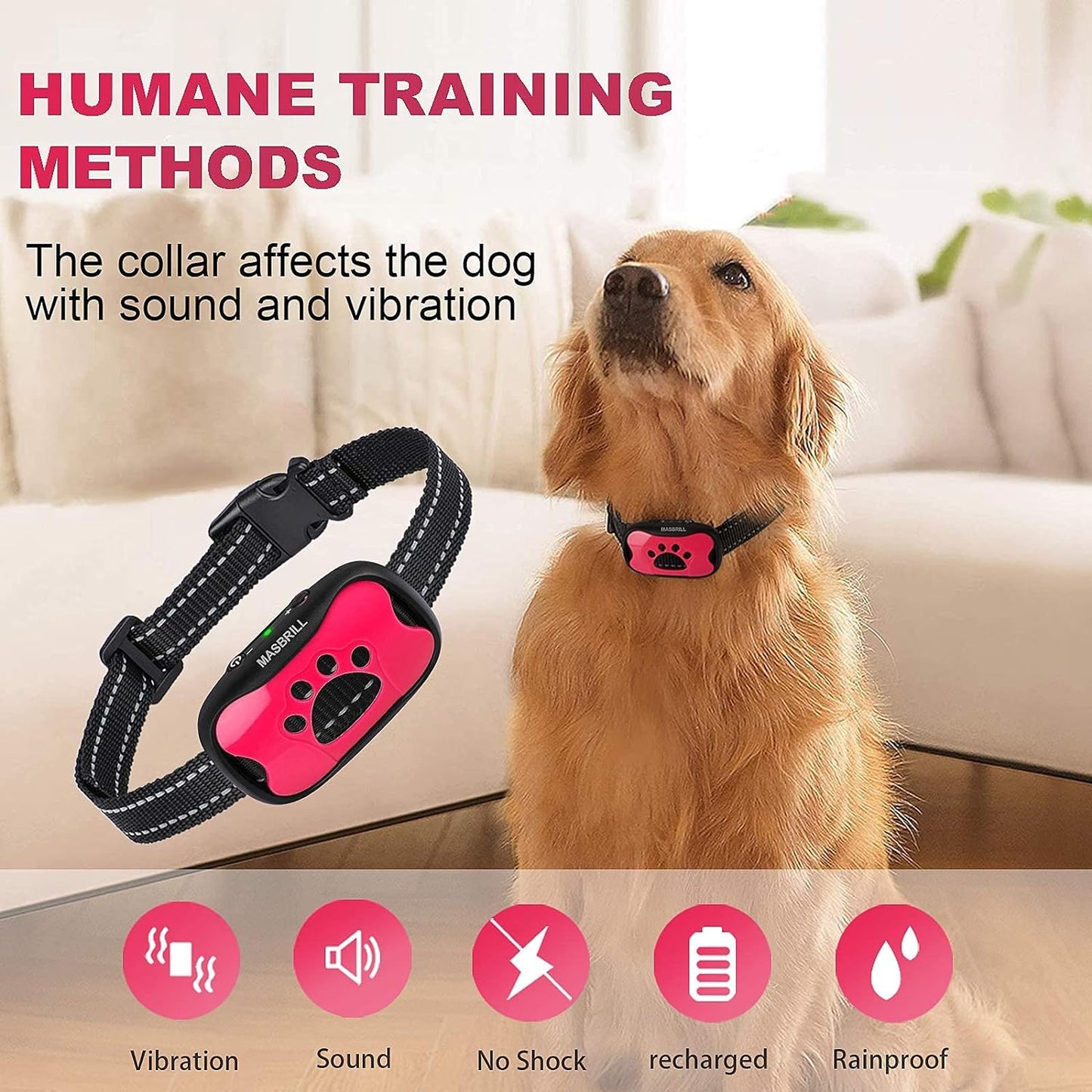 MASBRILL Dog Bark Collar, Bark Collar for Medium Dogs Rechargeable Anti Barking Collar No Bark Collars for Dogs Humane No Shock Barking Collar Vibration Beep No Barking Collar (Pink)