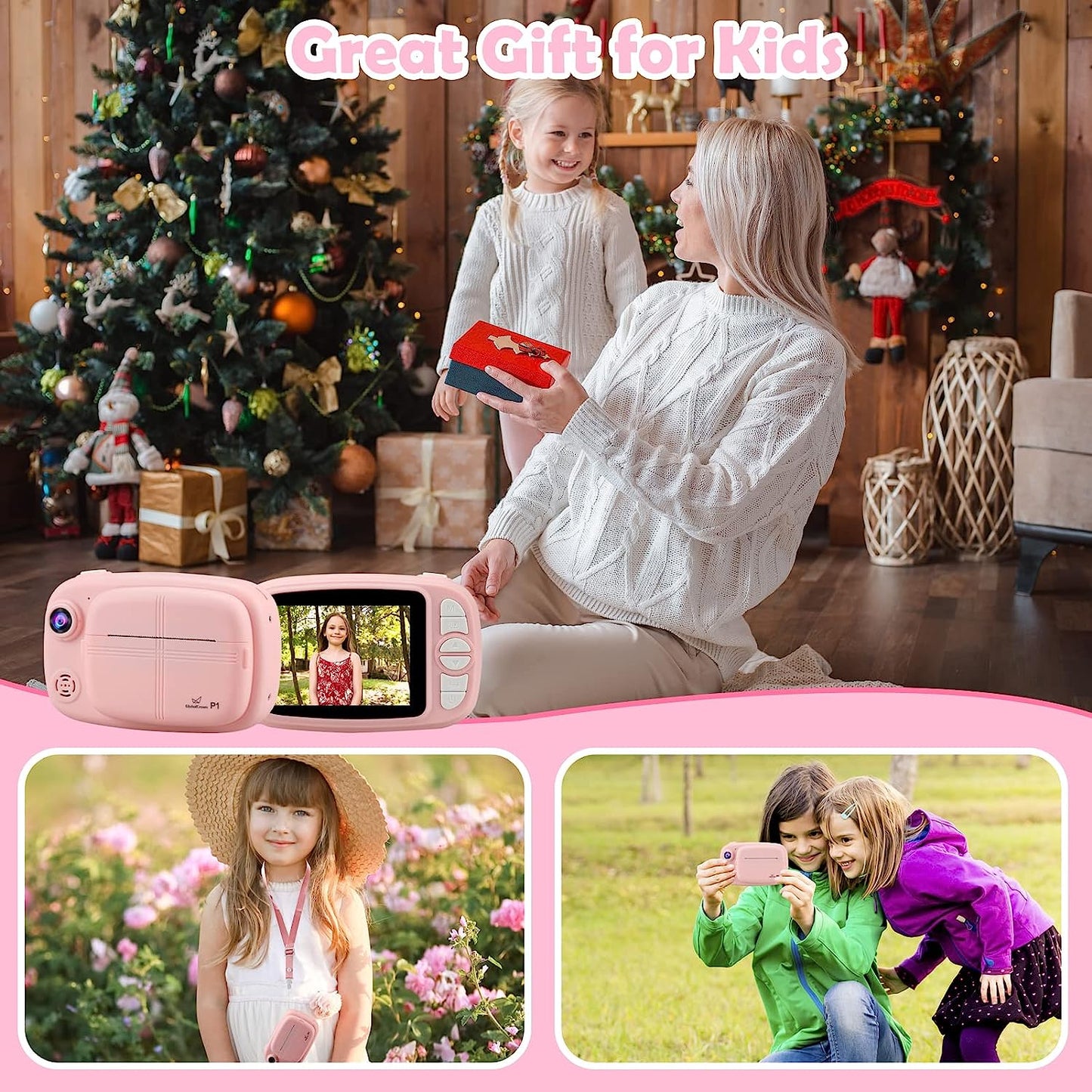 GlobalCrown Instant Camera for Kids,Camera Instant Print 3.5 Inch Screen Video Child Digital Instant Photo Cameras Gifts for Boys Girls (Included 4 Rolls of Printing Paper and 32GB Card)