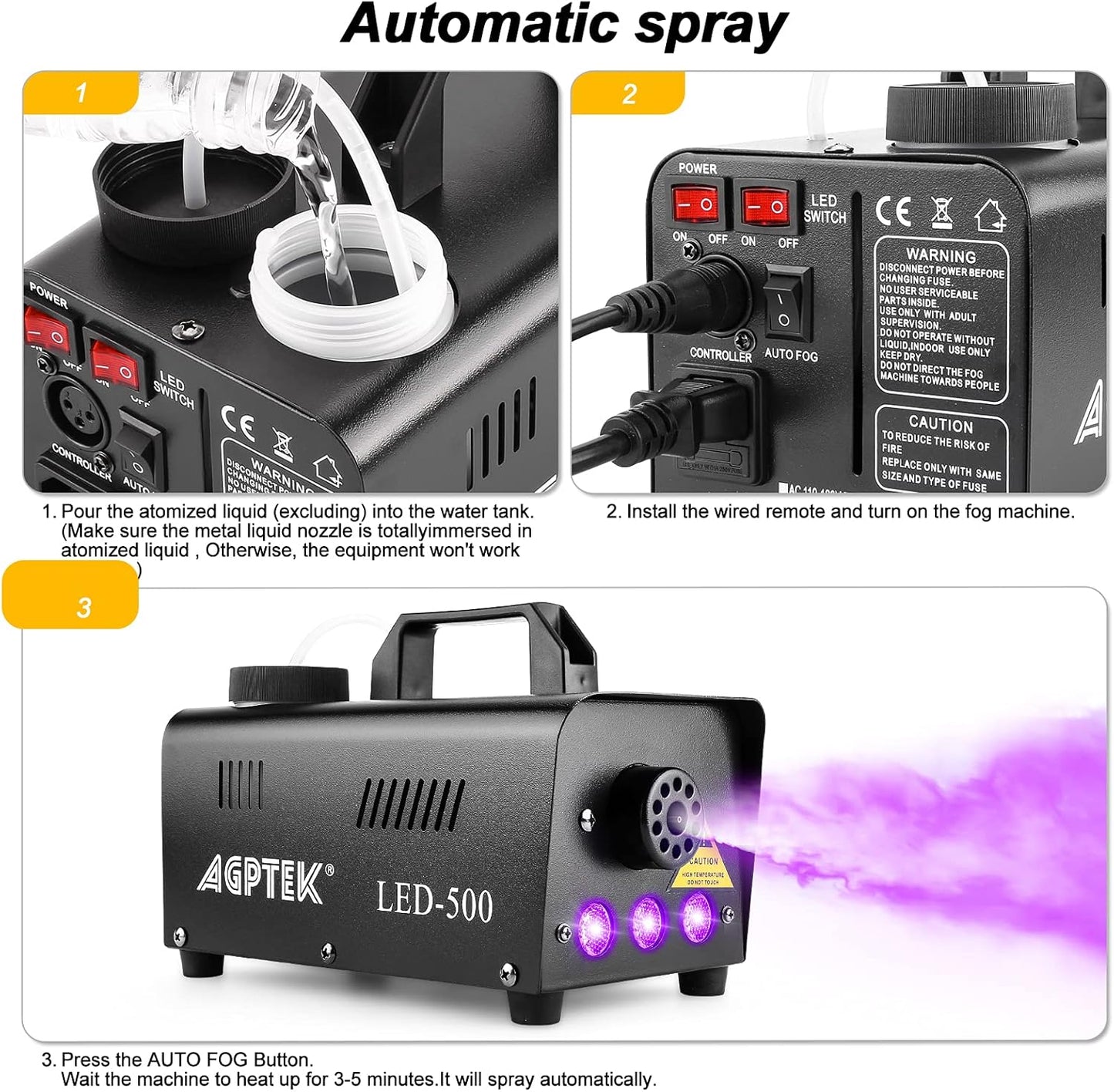 AGPTEK Fog Machine, Automatic Spray Smoke Machine with Colorful LED Light Effect, Wireless and Wired Remotes with Preheating Light Indicator, Perfect for Halloween, Christmas, Wedding & Stage,Black