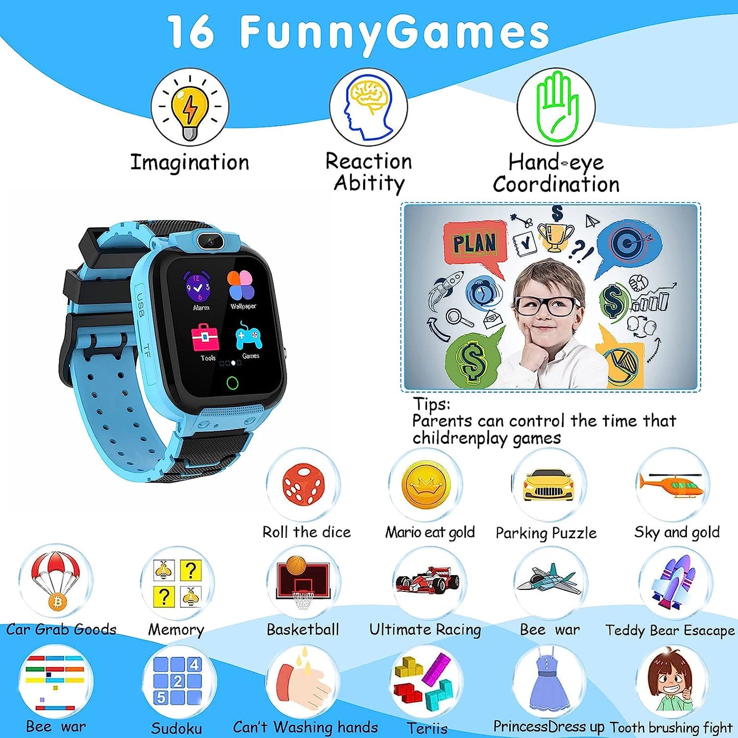 Vannico Kids Smart Watch, Smart Watch for Kids with HD Camera 16 Games Video, Alarm Music Smartwatch Toys for Girls & Boys 4-12Y Childrens Birthday Gifts