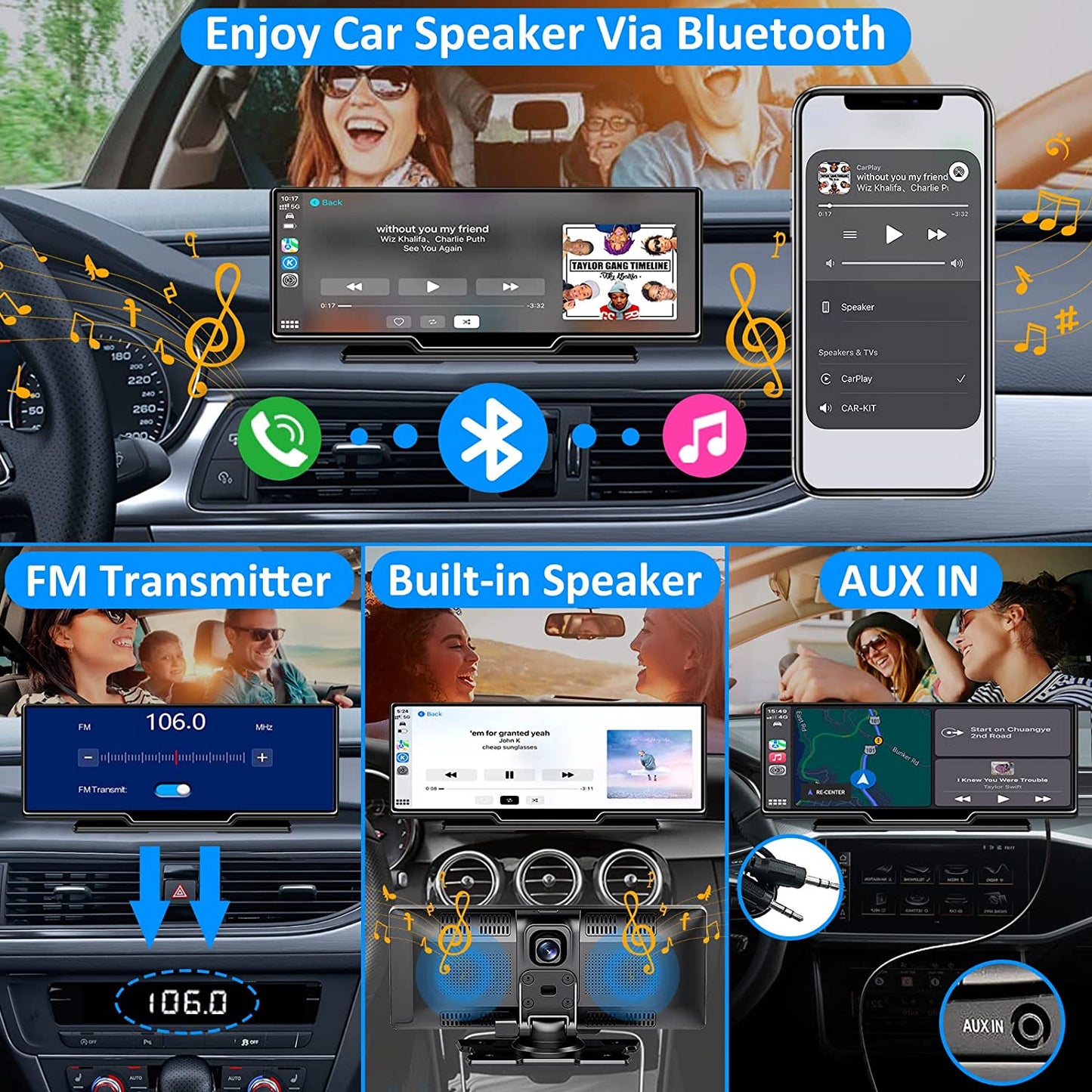 Trumsey Portable Built-in 2.5K Dash Cam Car Stereo - 9.3" HD IPS Screen, Wireless Carplay & Android Auto, Front and Back Loop Recording, 1080p Backup Camera DVR, Bluetooth, Car Radio Receiver