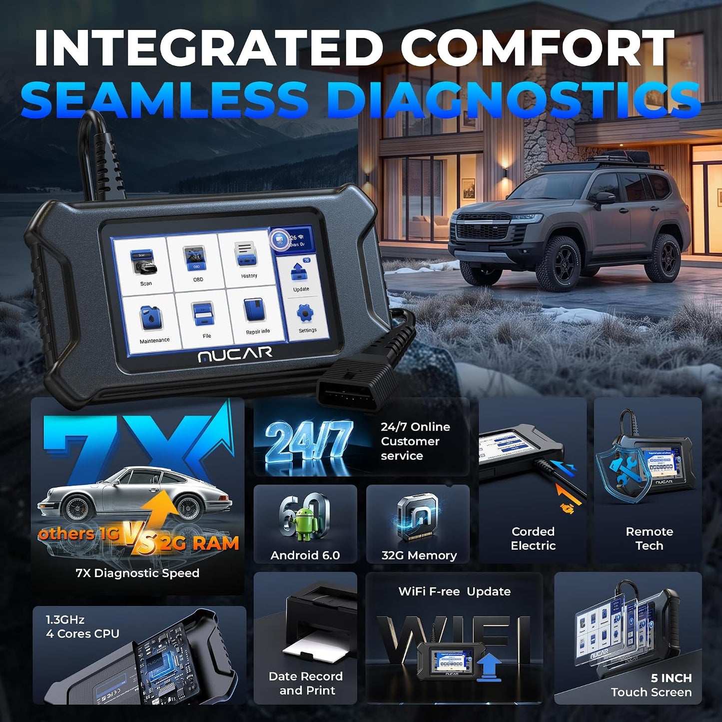 MUCAR CS6 OBD2 Scanner Diagnostic Tool, Engine Transmission BCM Car Scanner, ABS Code Reader, SRS TPMS Scan Tool, 7 Reset Service, Oil/EPB/SAS/TPMS/DPF/Throttle/ABS Bleed, Auto VIN, Free Update