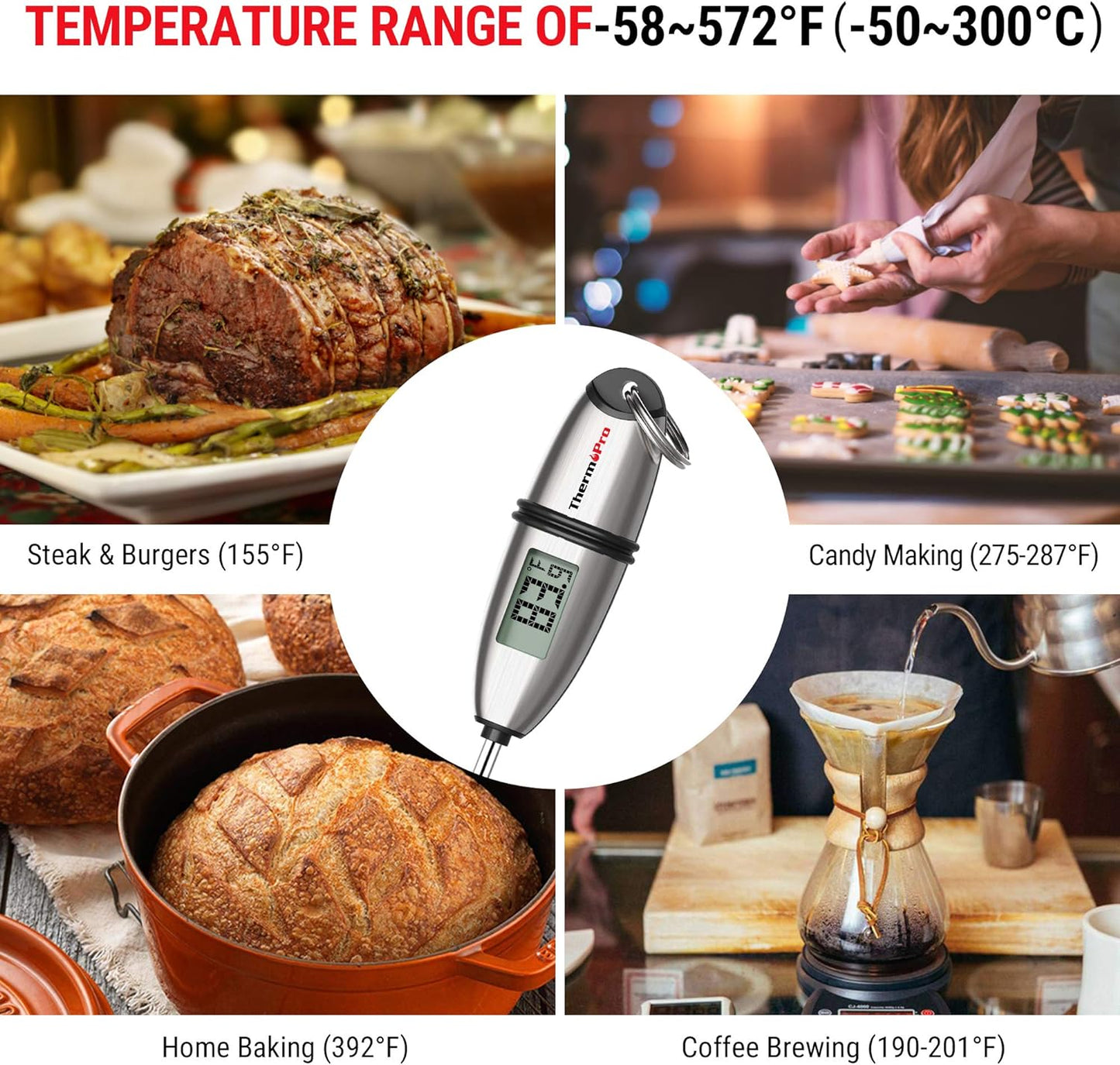 Instant Read Meat Thermometer ThermoPro TP-02S Digital Cooking Food Thermometer with Super Long Probe for Grill Candy Kitchen BBQ Smoker Oven Oil Milk Yogurt Temperature