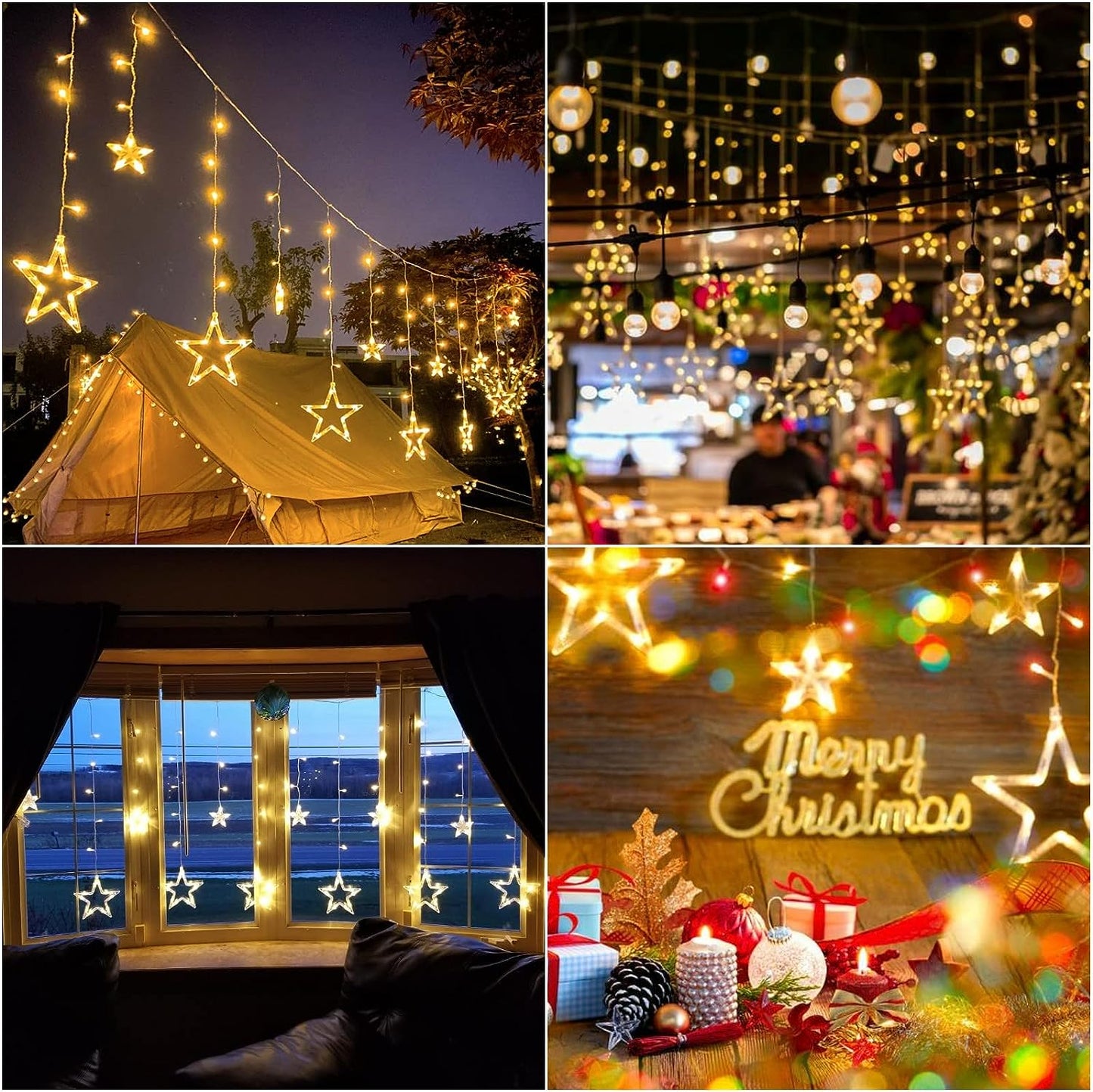 2M Star Curtain Lights 12 Stars 138 LEDs Warm White Star Window Lights with 8 Modes IP44 Waterproof Christmas Curtain Fairy Lights for Home Garden Christmas Wedding Party Holiday