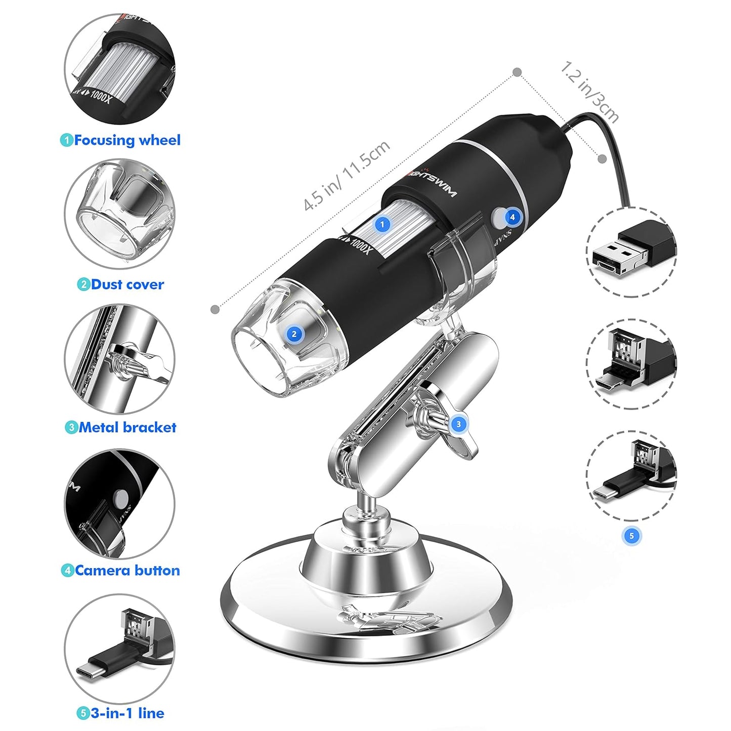 USB Digital Microscope, Lightswim 50x and1000x Mini Pocket Handheld Magnification with HD 1080P 2MP Camera, with 8 LED lights for Smartphone/Tablet/PC (Getting Start up Level, NOT iPhone/iPad, Black)