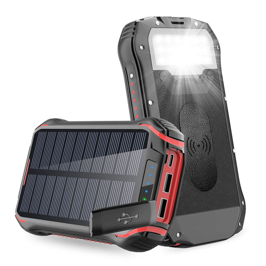 Solar Charger, Power Bank, 26800mAh QC 3.1A Fast Charger 4 Outputs Type C Wireless Charghing Portable Phone LED Display Waterproof Battery Bank for iPhone Android Tablet Camping black i26w