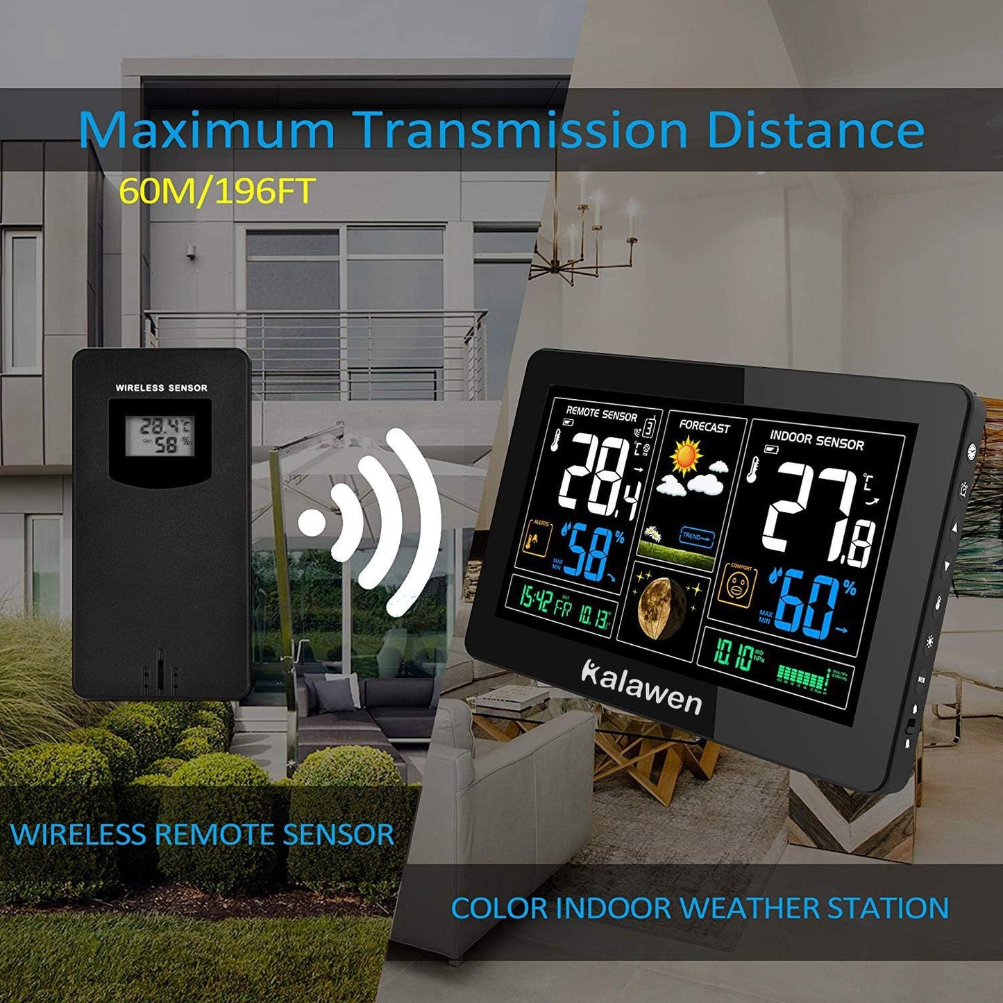 Kalawen Wireless Weather Station with Outdoor Sensor, Digital Colour Display, Wireless Weather Station, DCF Radio Clock, Multifunctional Weather Station, Thermometer, Hygrometer, Indoor and Outdoor LCD Display with Weather Forecast