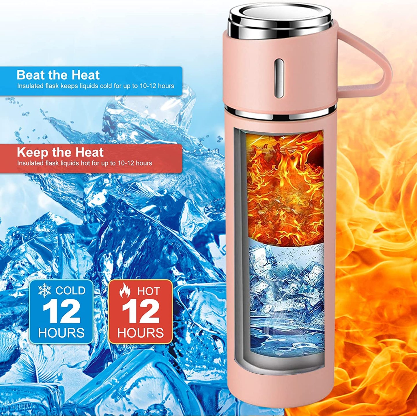 Double Wall Vacuum Bottles  Stainless Steel Water Bottle, Thermos Leak Proof, Built in Cup  Insulate Travel Mug, Hot & Cold Water Bottles 12 hrs Hot & 6 Hrs Cold (Multicolour) (500 ml)