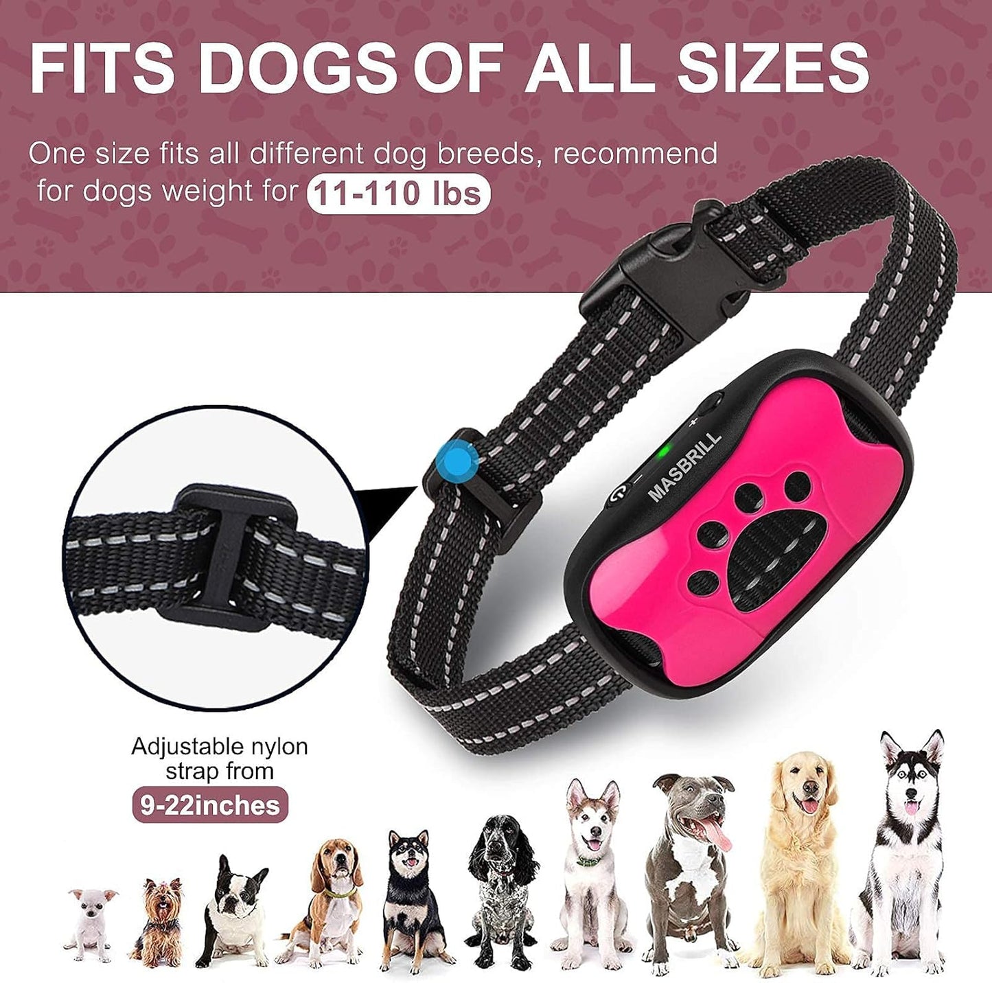 MASBRILL Dog Bark Collar, Bark Collar for Medium Dogs Rechargeable Anti Barking Collar No Bark Collars for Dogs Humane No Shock Barking Collar Vibration Beep No Barking Collar (Pink)