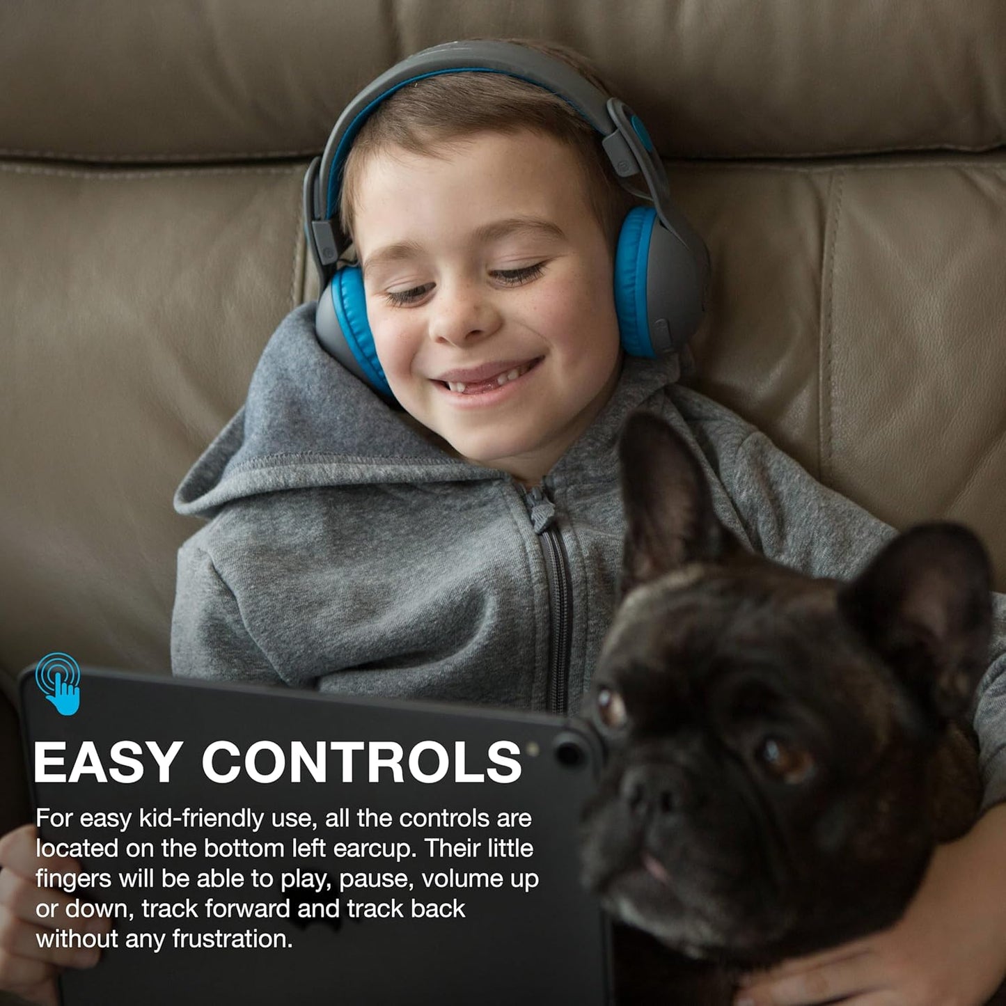 JLab JBuddies Studio 2 Wireless +Wired On-Ear Kids Headphones, Grey/Blue, 65+ Hour Battery Life, Share Mode, Volume Safe, Volume Limiter, Folding, Adjustable, Noise Isolation, with Mic