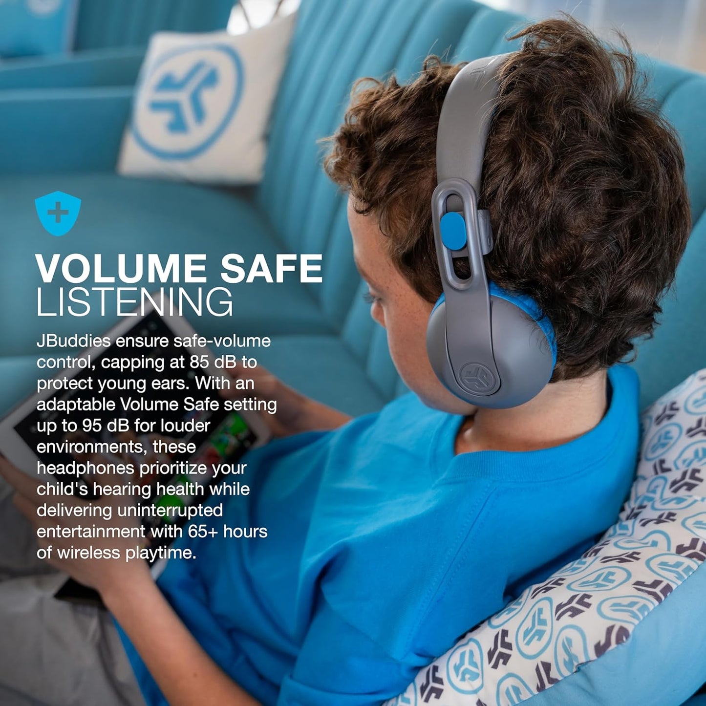 JLab JBuddies Studio 2 Wireless +Wired On-Ear Kids Headphones, Grey/Blue, 65+ Hour Battery Life, Share Mode, Volume Safe, Volume Limiter, Folding, Adjustable, Noise Isolation, with Mic