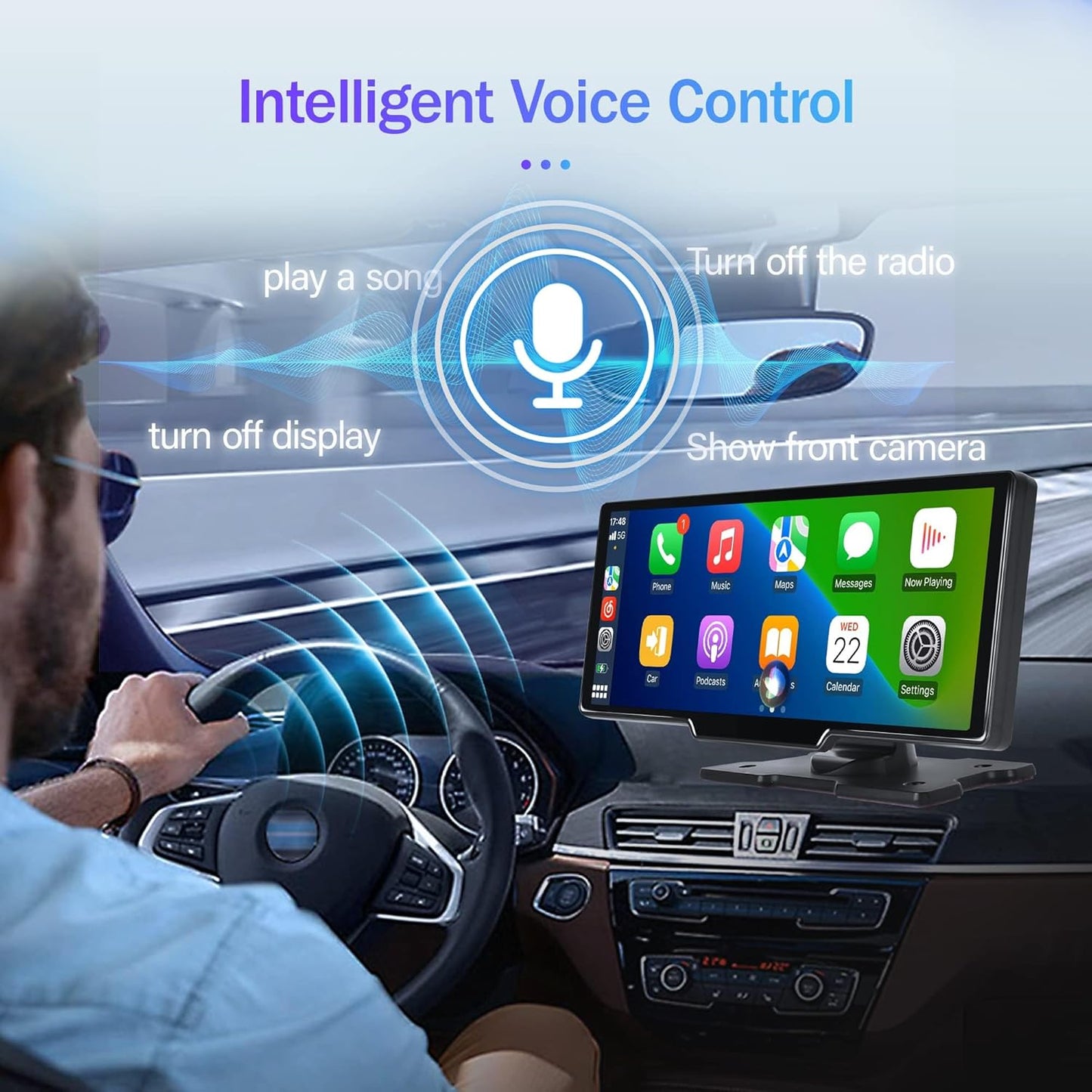 Dual Dash Cam Full HD 1080p Wireless Car Stereo with Apple CarPlay, Dash Cam, and 1080P Backup Camera. Portable Touchscreen GPS Navigation for Car, Bluetooth, AirPlay, AUX/FM, Google, Siri. Car Stereo Receiver