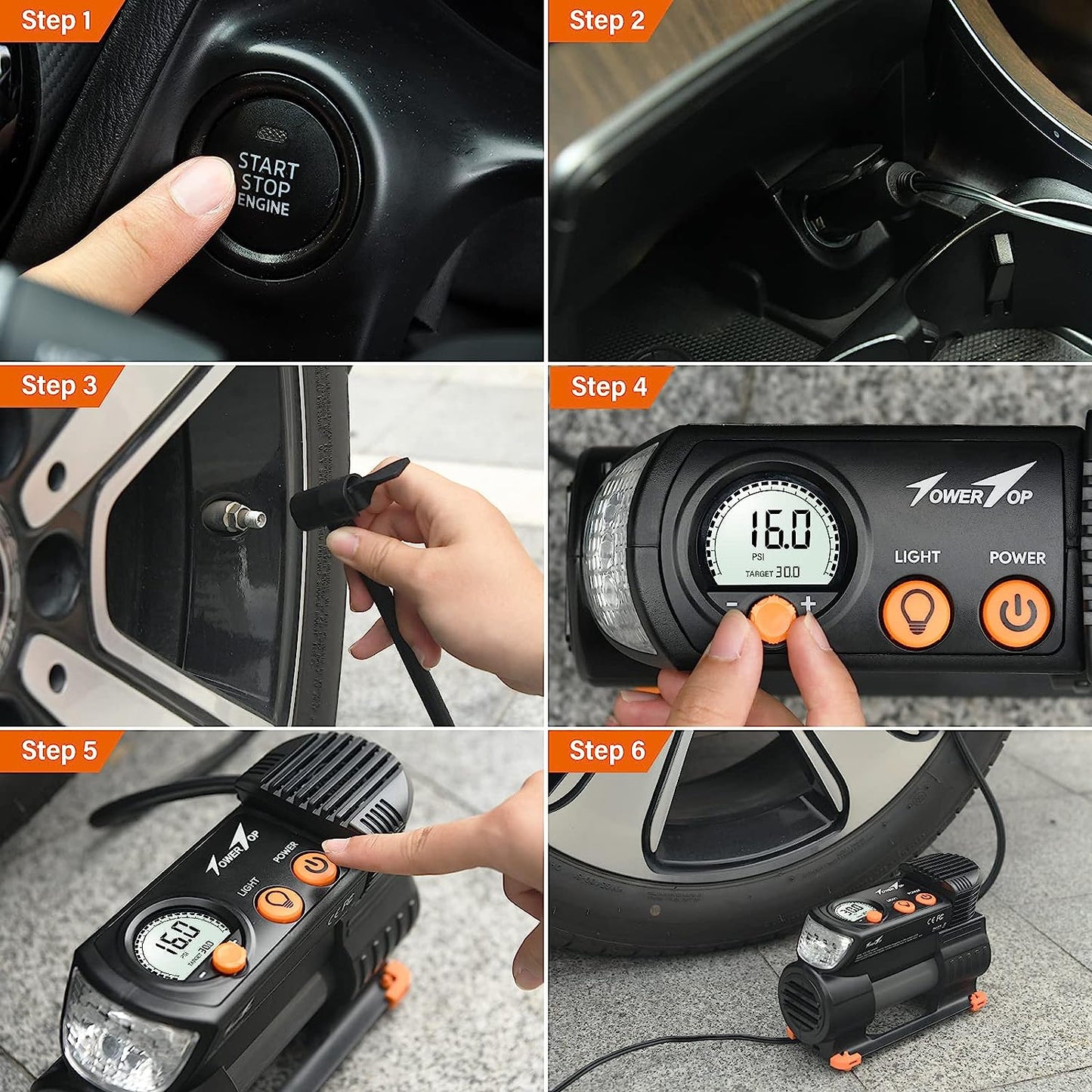 TowerTop Tyre Inflator Air Compressor: 2X Faster Heavy Duty Car Tyre Pump Portable 12V Digital Tyre Inflator with High Precision Pressure Gauge, Memory Function, 1 Min Inflation, LED Light, Handbag