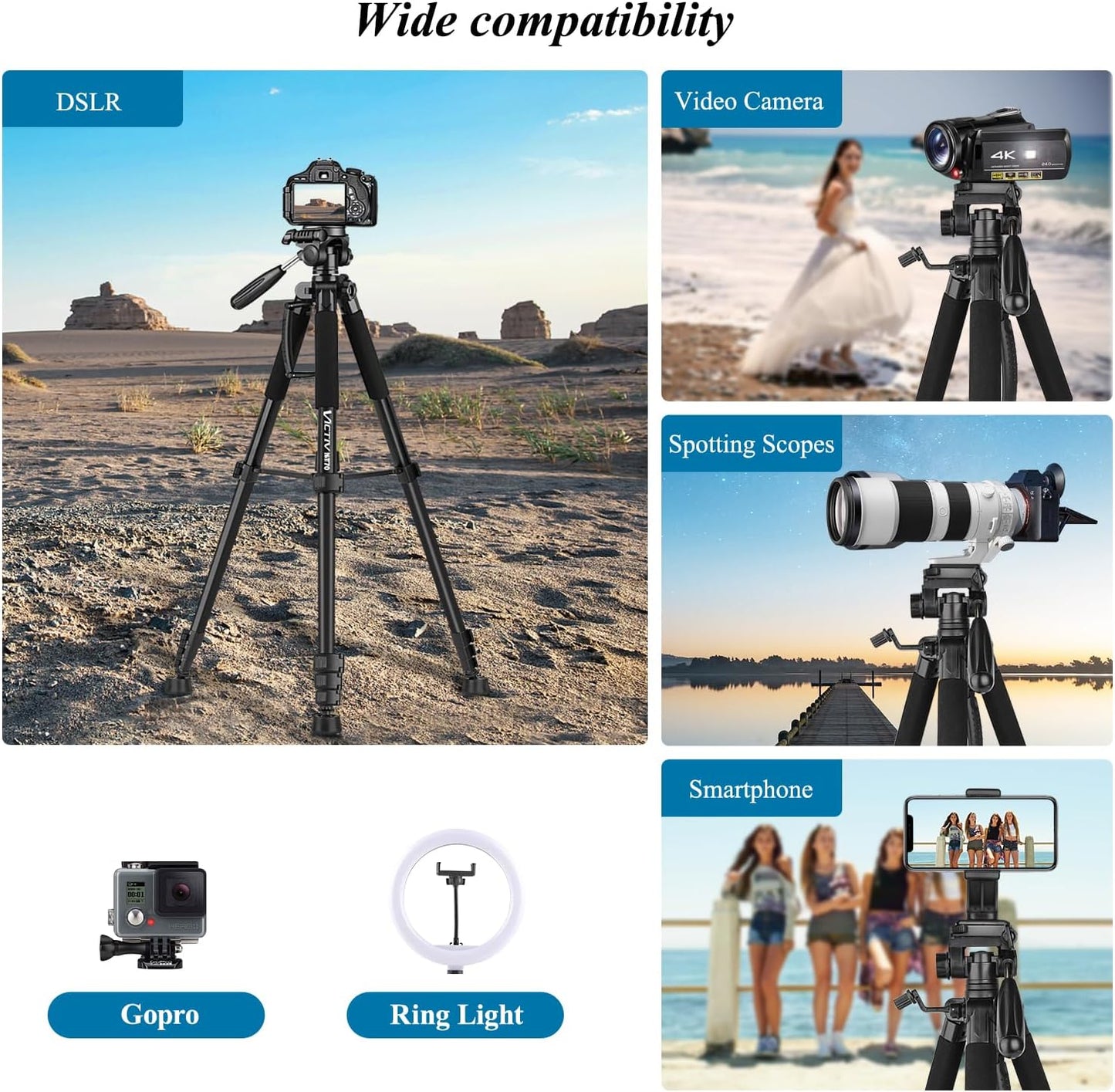 VICTIV NT70 Camera Tripod, Tripod for Camera and Phone, Aluminum Heavy Duty Tripod Stand for Canon Nikon with Carry Bag and Phone Holder, Compatible with DSLR, iPhone, Spotting Scopes, Max Load 15 Lb