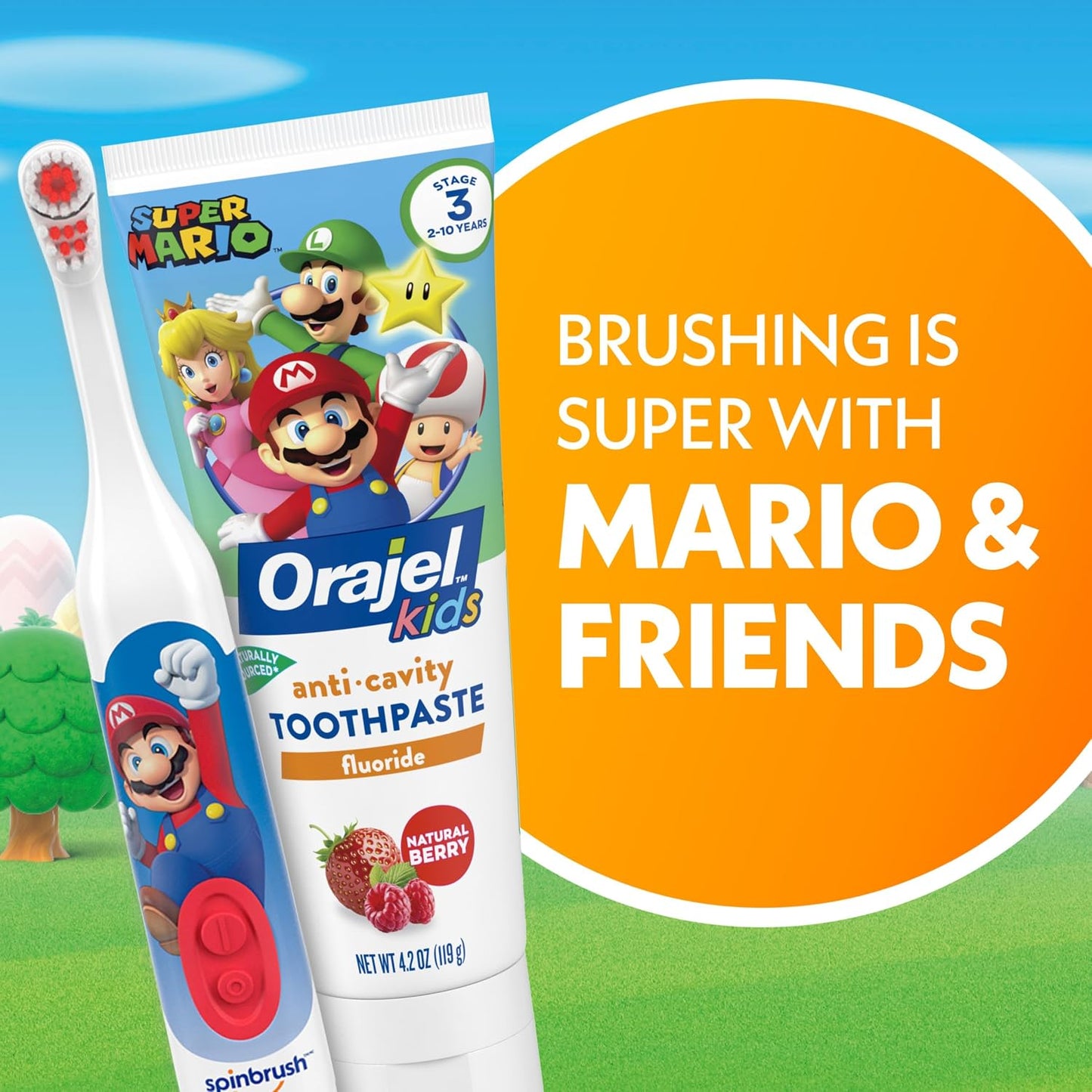 Spinbrush™ Kids Electric Toothbrush, Super Mario™ Battery Powered Electric Toothbrush for Children Ages 3+ with 1 AA Battery, Soft Head Bristles, Leakproof SoftSwitch, Ready-to-Use