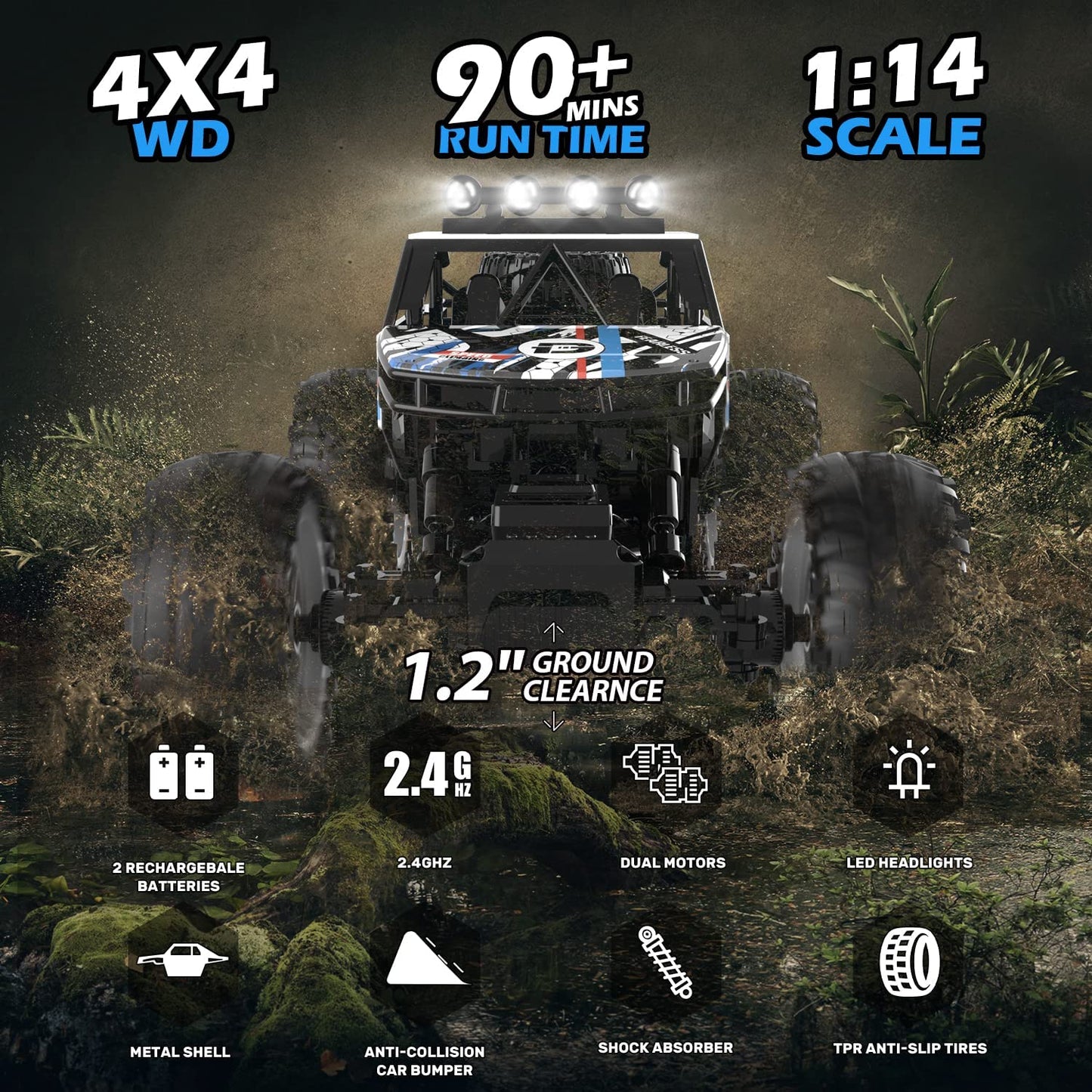 DEERC DE45 1:14 Remote Control Truck, RC Car Toy Rock Crawler, 4WD Off Road Monster Truck with Metal Shell Dual Motors LED Headlight 90 Min Play