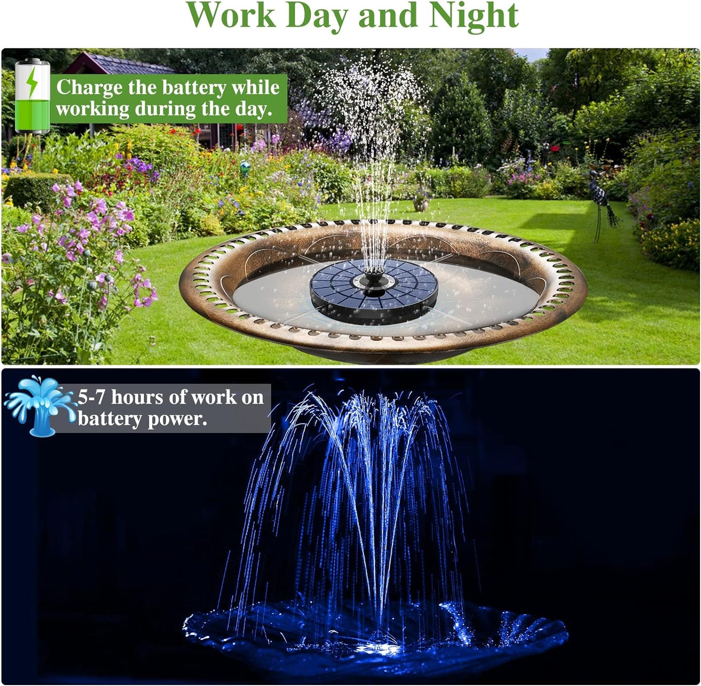 AISITIN 5.5W Solar Fountain with LED Colorful Lights & 2000mAh Battery, Solar Bird Bath Fountains with 7 Nozzles & Bracket, Solar Water Fountain Pump for Bird Bath, Garden, Pond, Fish Tank and Outdoor