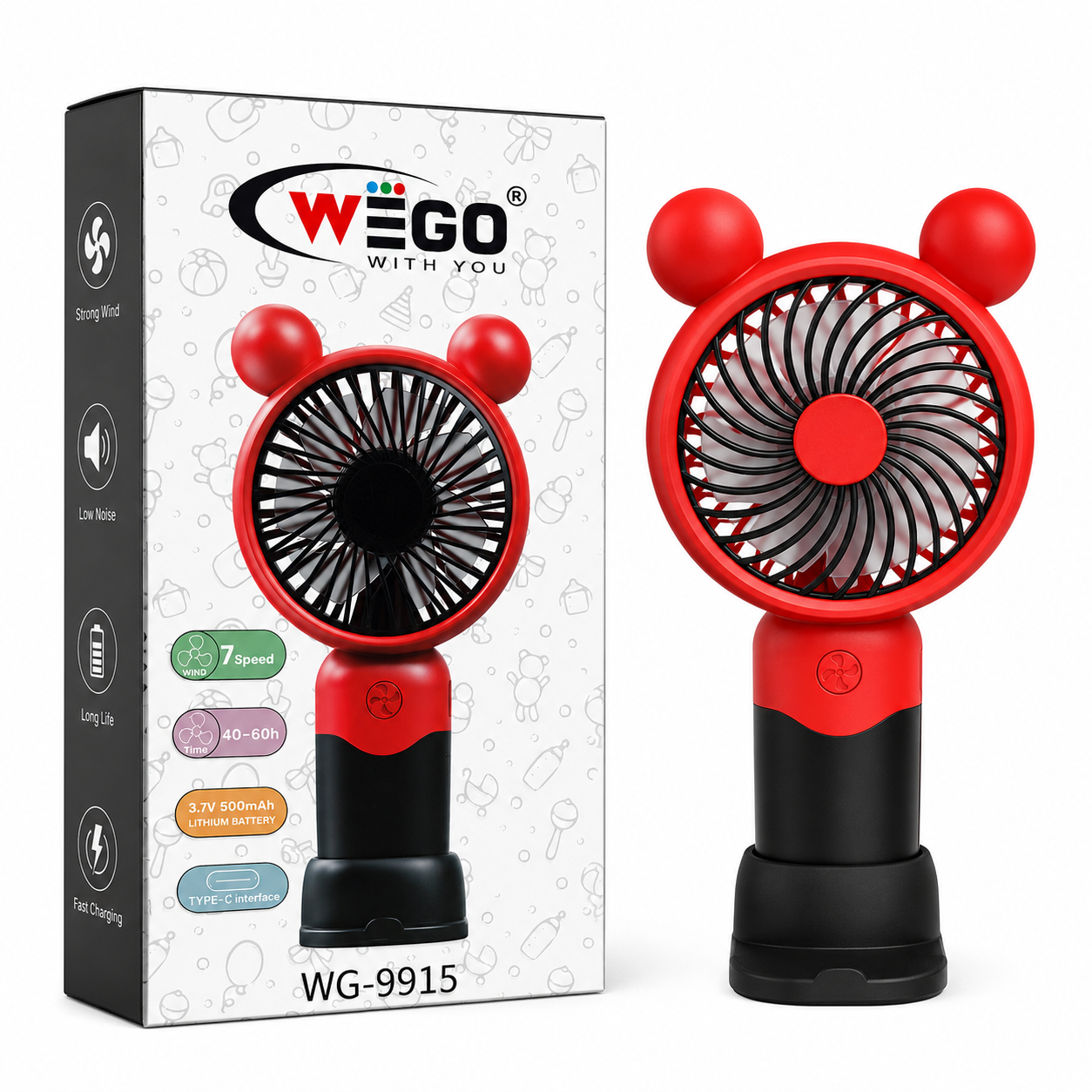 WEGO WG-9915 Portable Rechargeable Mini Fan – Cute Cartoon Ear Design USB Cooling Fan with 3 Speed Modes, 2–3 Hours Battery Backup Depending on Speed, Low Noise High Airflow, Compact Handheld & Desktop Fan for Kids, Home, Office, Travel & Outdoor Use