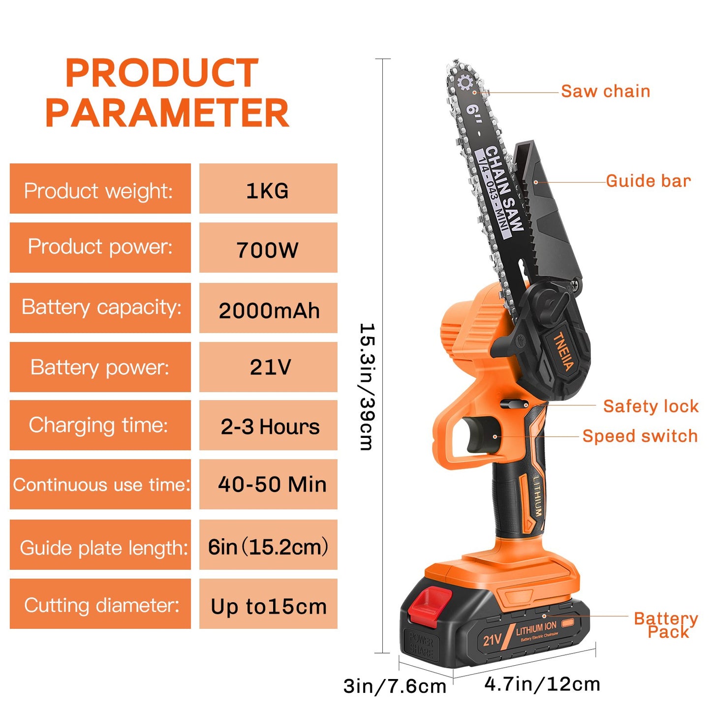 TSJUN 6-inch Cordless Portable Chainsaw with 1500mAh 21V Battery Operated, Orange