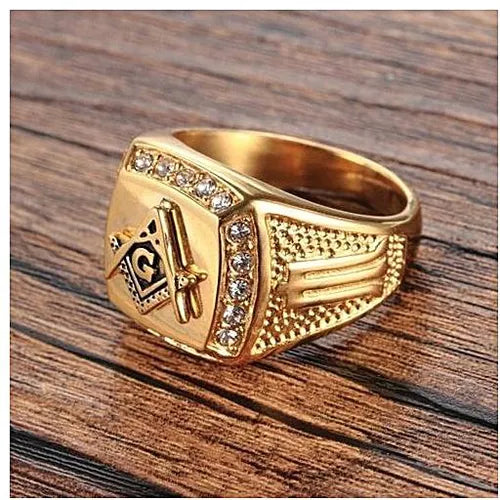 18K Gold Stainless steel freemason ring cz diamond ring Men Gold Masonic ring Wedding and Engagement Jewellery