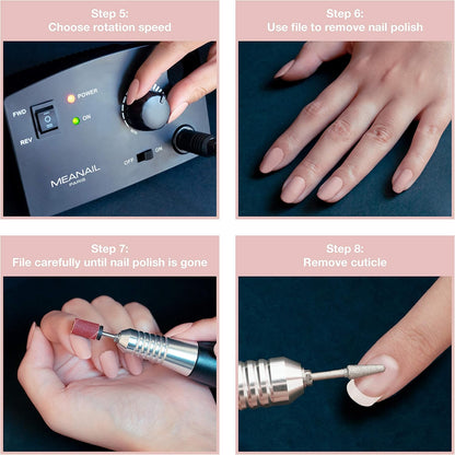 Electric Professional Nail Cutter Manicure & Pedicure • Meanail® Paris 35,000 rpm • 6-Piece Diamond Cutter Set + 30 Sanding Sleeves • Electric Nail File • Gel Nails • Professional & Beginners