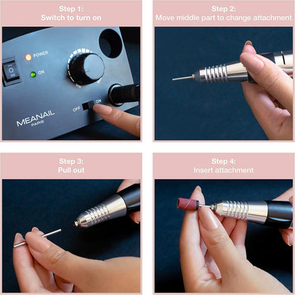 Electric Professional Nail Cutter Manicure & Pedicure • Meanail® Paris 35,000 rpm • 6-Piece Diamond Cutter Set + 30 Sanding Sleeves • Electric Nail File • Gel Nails • Professional & Beginners