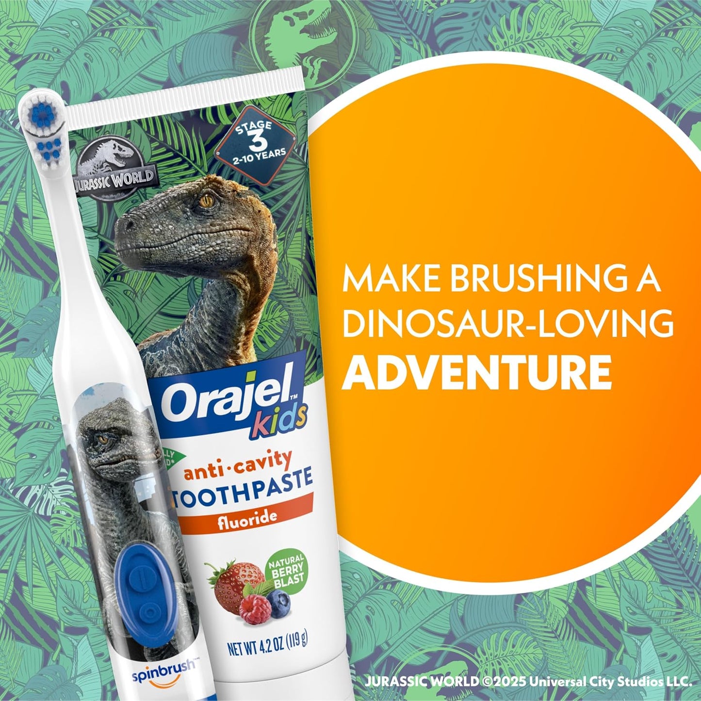 Spinbrush™ Kids Electric Toothbrush, Jurassic™ Battery Powered Electric Toothbrush for Children Ages 3+ with 1 AA Battery, Soft Head Bristles, Leakproof SoftSwitch, Ready-to-Use