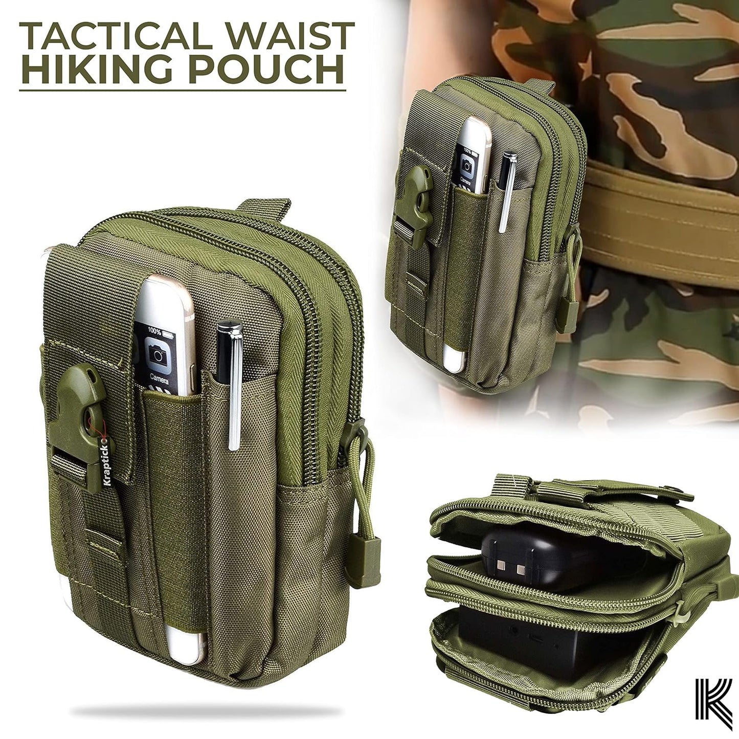 Kraptick Multi-Purpose Water Resistant Waist Bag with Dual Compartment, Waist Bag Mobile Phone Holder, Waist Pack for Men, Women Camping Hiking Pouch (Army Green)