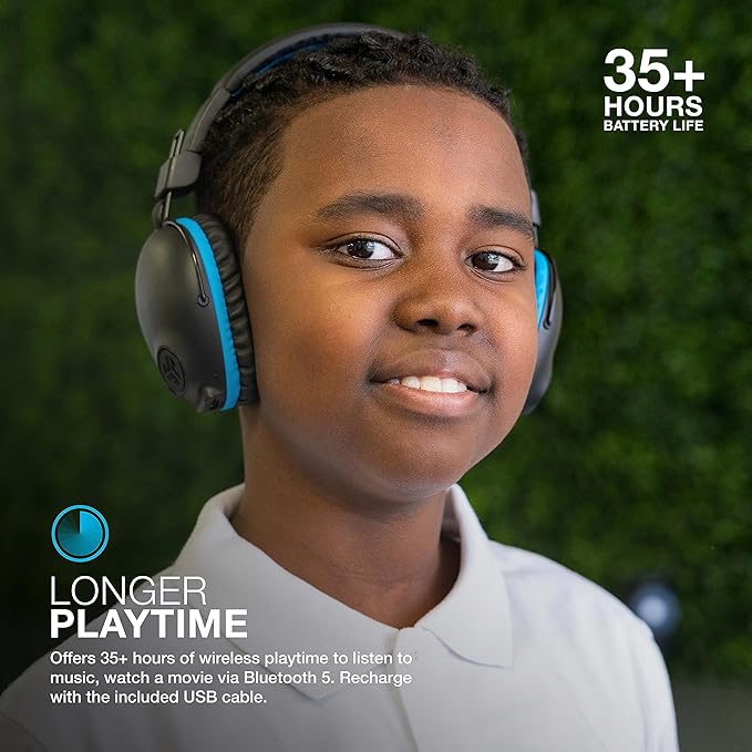 JLab JBuddies Pro Wireless Over-Ear Kids 2 in 1 Headphones Wireless+Wired | 35+ Hour Battery Life | Built-in Volume Regulators for Safety | Share Mode | Folding | Adjustable | Noise Isolation | with Mic | Blue