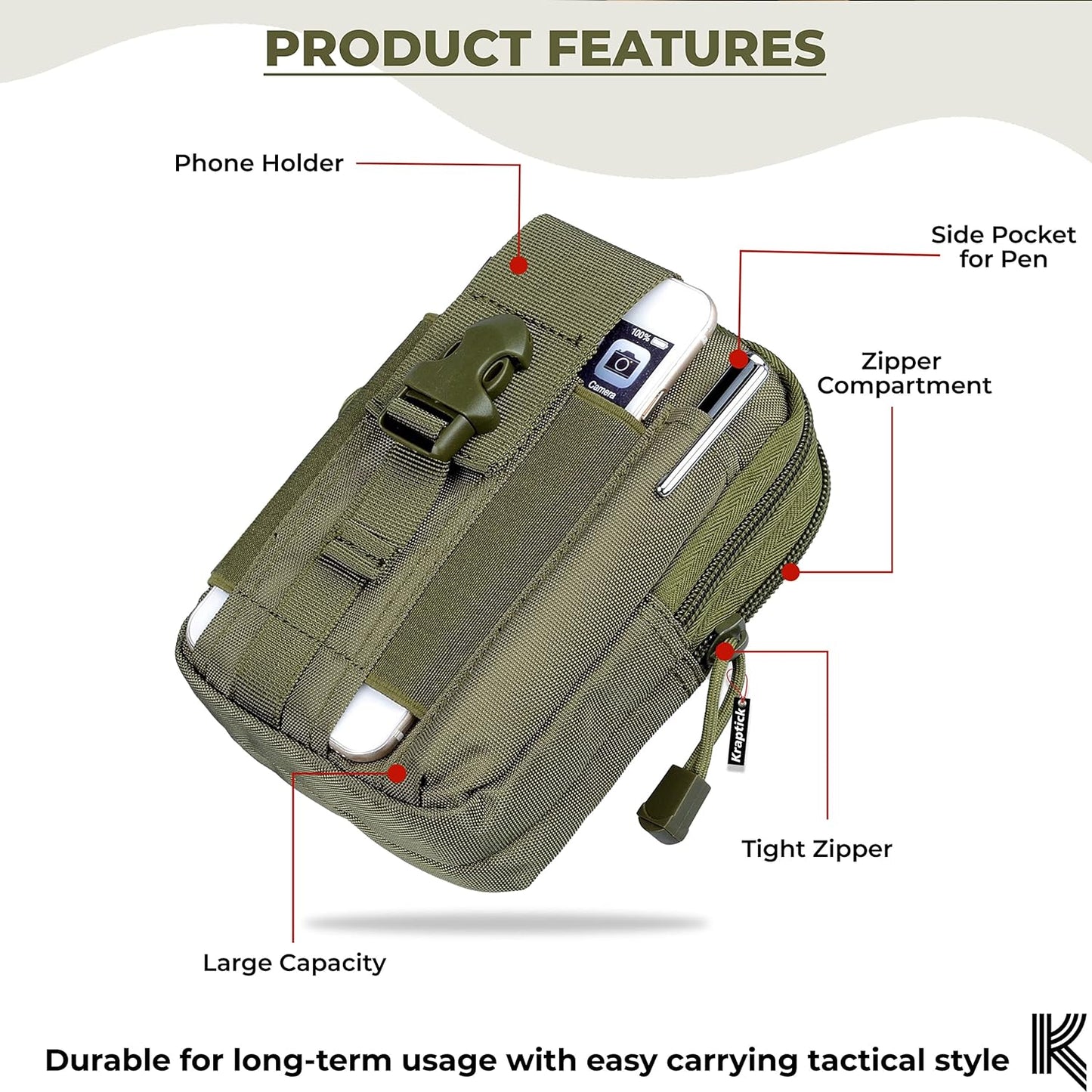 Kraptick Multi-Purpose Water Resistant Waist Bag with Dual Compartment, Waist Bag Mobile Phone Holder, Waist Pack for Men, Women Camping Hiking Pouch (Army Green)