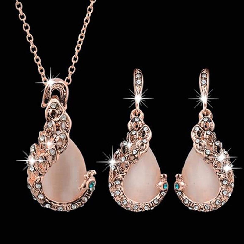 (Necklace + earrings)Women's Elegant Drops Rhinestone Pendant Hook Earrings Jewelry 1set/3pcs