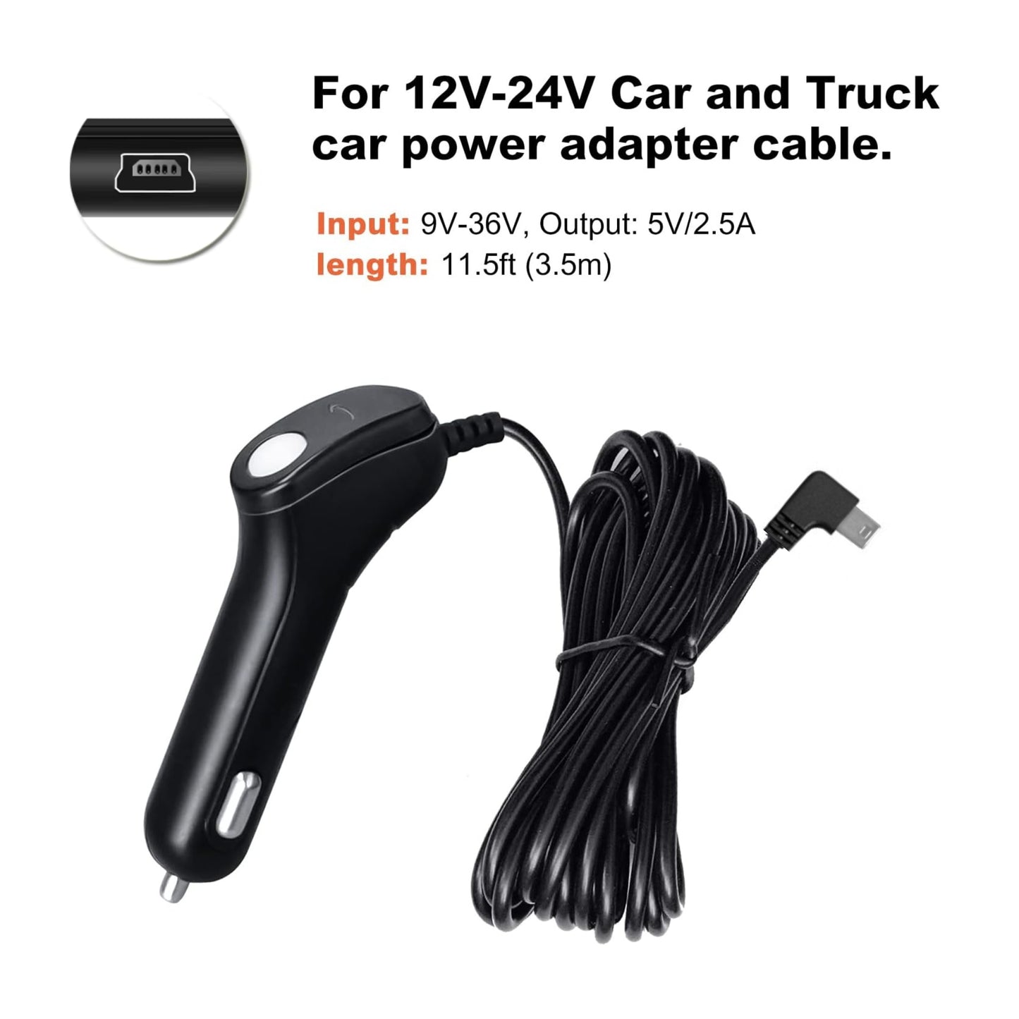 Car Camera Charger Mini USB, With Hidden USB Port Car Charger with 11.5ft,Compatible with All Mini Usb Port Dash Cam, GPS Navigator,Android Devices.