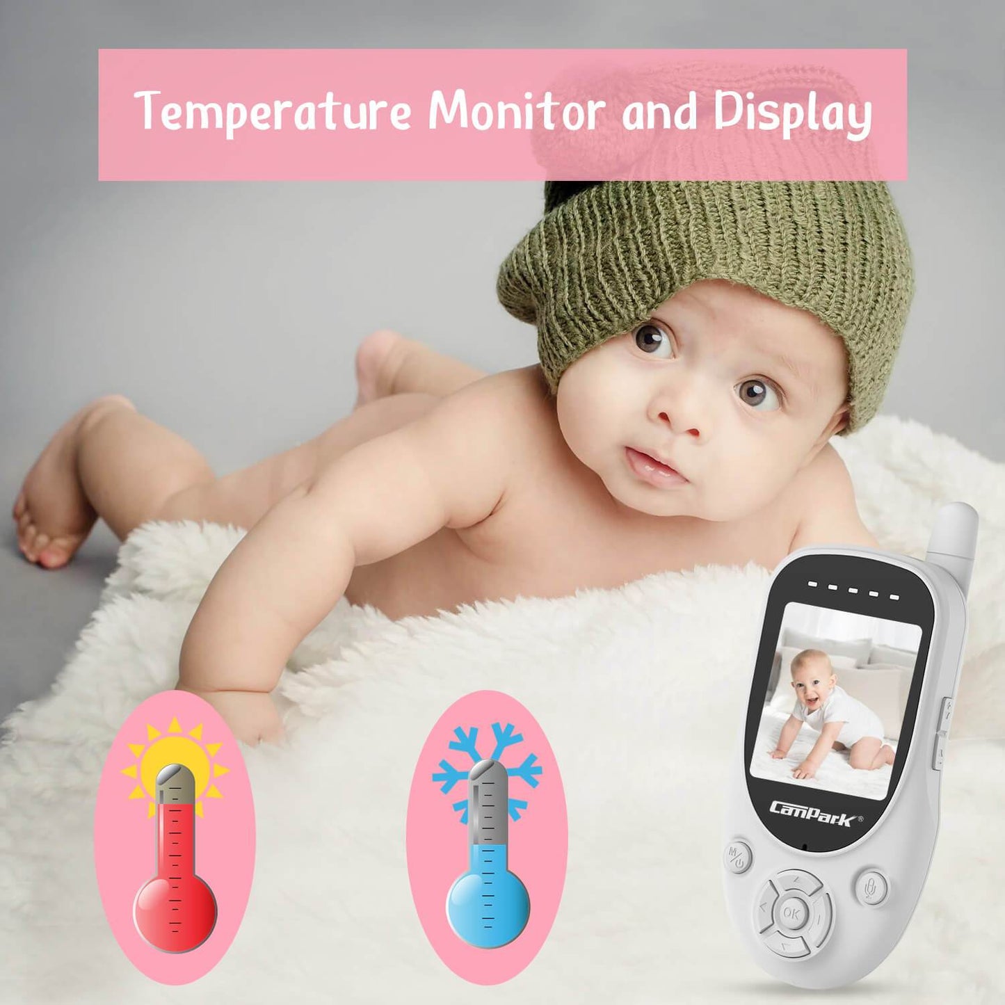 Campark BM20 Baby Monitor, Video Monitor with 2.4'' Display Screen, Moniteur Bébé Camera & 2.4GHz Wireless Transmission,Two-Way Talk,Auto Infrared Night Vision, VOX Mode and Temperature Detection,