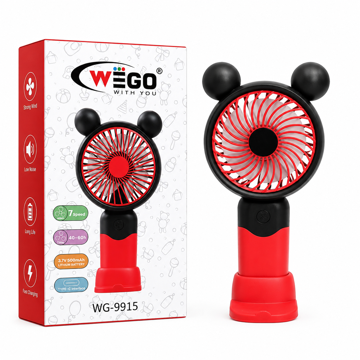 WEGO WG-9915 Portable Rechargeable Mini Fan – Cute Cartoon Ear Design ...