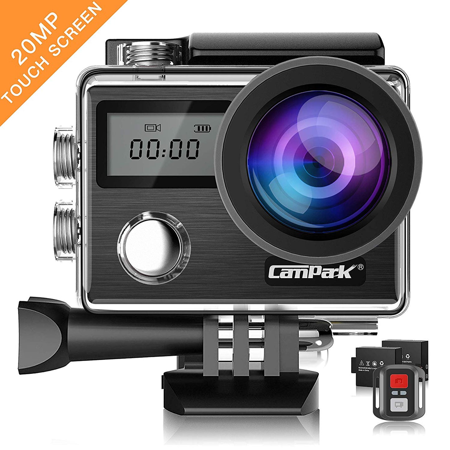 Camark X20C Action Camera Native 4K Ultra HD 20MP with EIS Stabilization Touch Screen, Digital Remote Control Waterproof Camera 40M 2 Batteries and Professional Accessories, Black