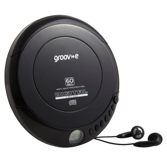 Groov-e RETRO Compact CD Player - Personal Music Player with CD-R & CD-RW Playback - Anti-Skip Protection, Programmable Tracks - Earphones Included - Micro-USB or Battery Powered - Black