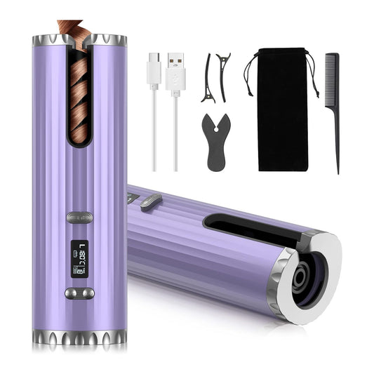 Hair Curler, Automatic Curling Iron with LCD Display, 6 Adjustable Temperature & Timer, Portable USB Rechargeable Rotating Ceramic Curling Wand Fast Heating for Long & Short Hair Home & Travel Use