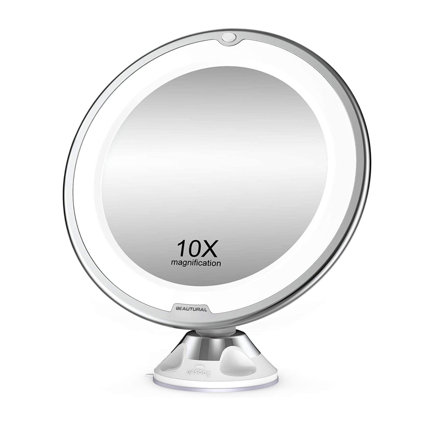 Beautural Makeup Mirror, 10X Magnifying Lighted Vanity Daylight White LED, Portable Illuminated Bathroom Mirror, 360 Degree Swivel Rotation and Locking Suction, framed, ?Round, Wall Mount