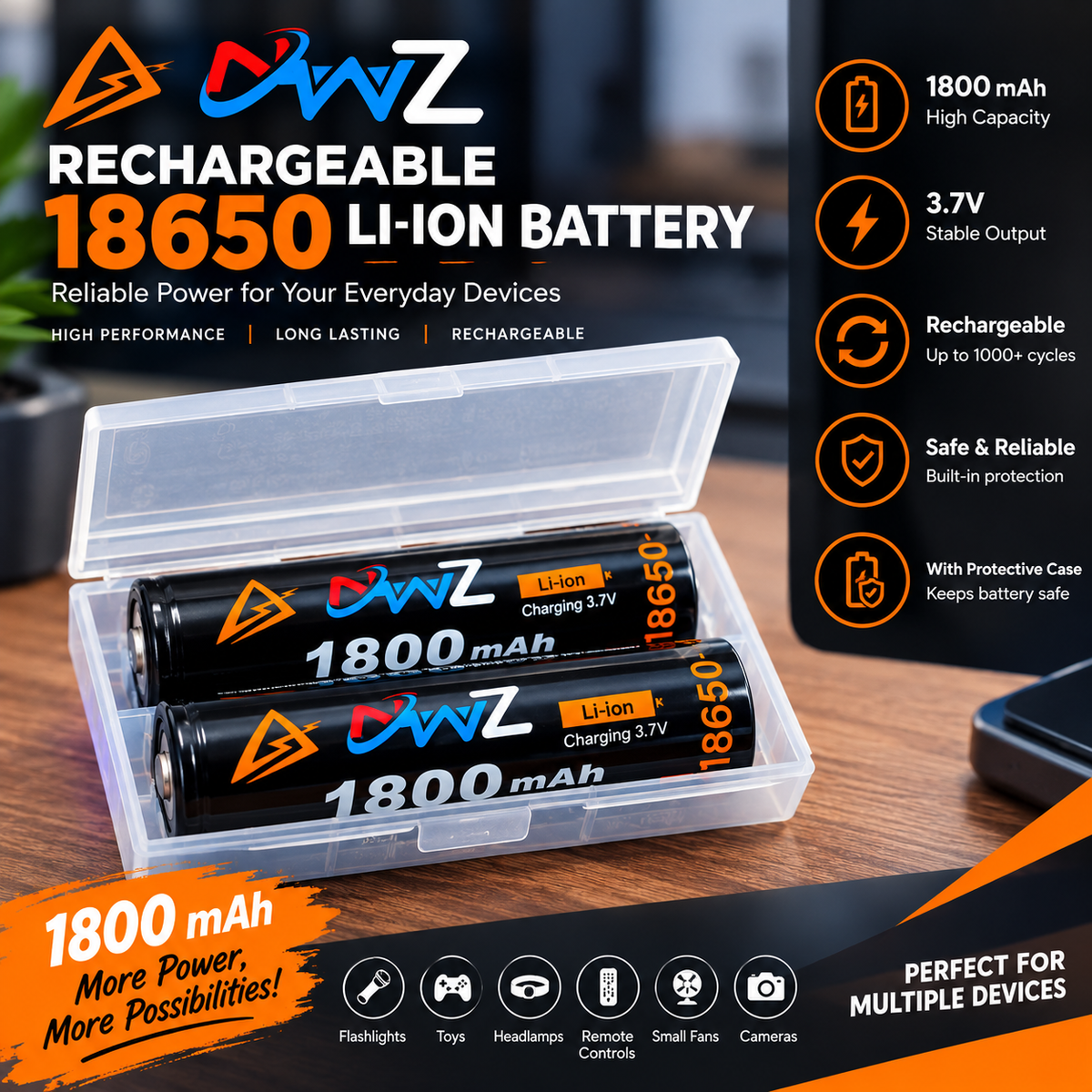 NWZ 18650 Rechargeable Li-Ion Battery – 1800mAh 3.7V High Capacity Lithium Battery for Flashlight, Torch, Power Bank & Electronics