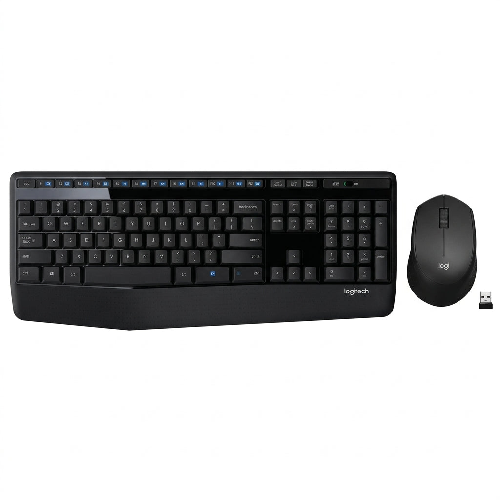 Logitech MK345 Full Size Wireless Keyboard and Mouse Combo - Black Full size keyboard with integrated palm rest, compact right handed mouse, connect via single included USB-A Nano Receiver