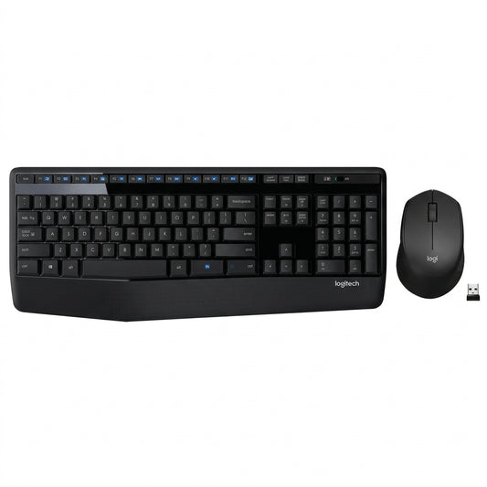 Logitech MK345 Full Size Wireless Keyboard and Mouse Combo - Black Full size keyboard with integrated palm rest, compact right handed mouse, connect via single included USB-A Nano Receiver