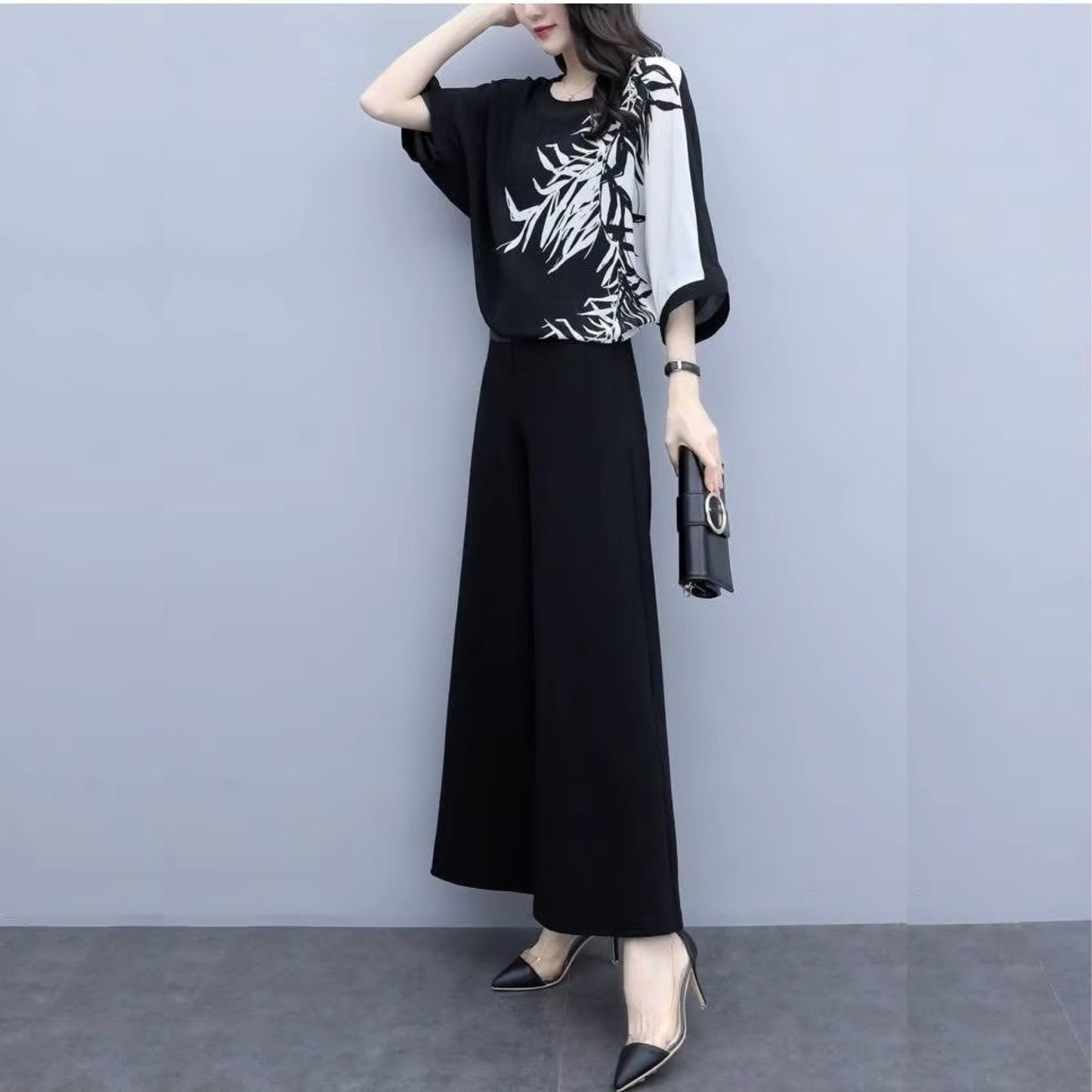 Women's Suit 2024 Summer New Chiffon Wide Leg Pants Outfits Socialite Hem Shirt Crop Top Two Piece Set Plus Size Clothing Women