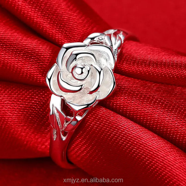 Certified S925 Sterling Silver Pure Silver Ring Rose Flower Ring Temperament Ladies Silver Jewelry Ring Birthday Gift