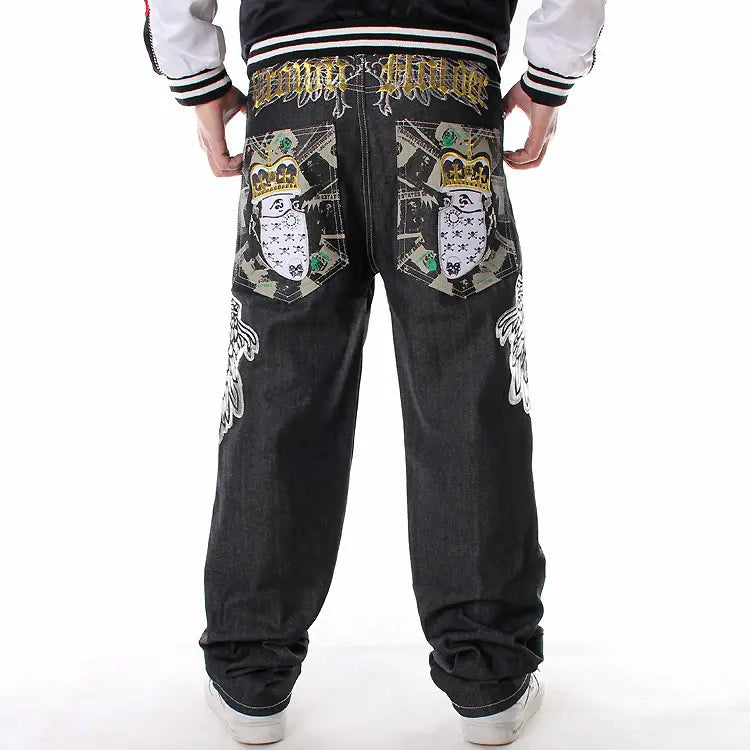 European American Hipster men's loose straight skateboard jeans trousers embroidery shirt hip hop denim pants black jeans