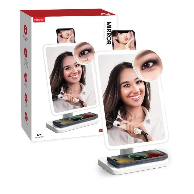 3-in-1 Bluetooth LED Makeup Mirror with Built-In Speaker & Wireless Charging – Multifunctional Smart Vanity Mirror for Makeup, Dressing Table, Bedroom & Modern Beauty Setup 10X Magnifying Mirror / LED Light / FM / TF Card / Wireless Charging