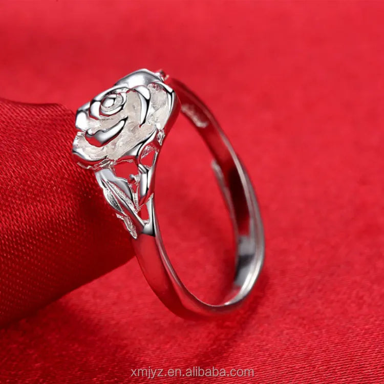 Certified S925 Sterling Silver Pure Silver Ring Rose Flower Ring Temperament Ladies Silver Jewelry Ring Birthday Gift