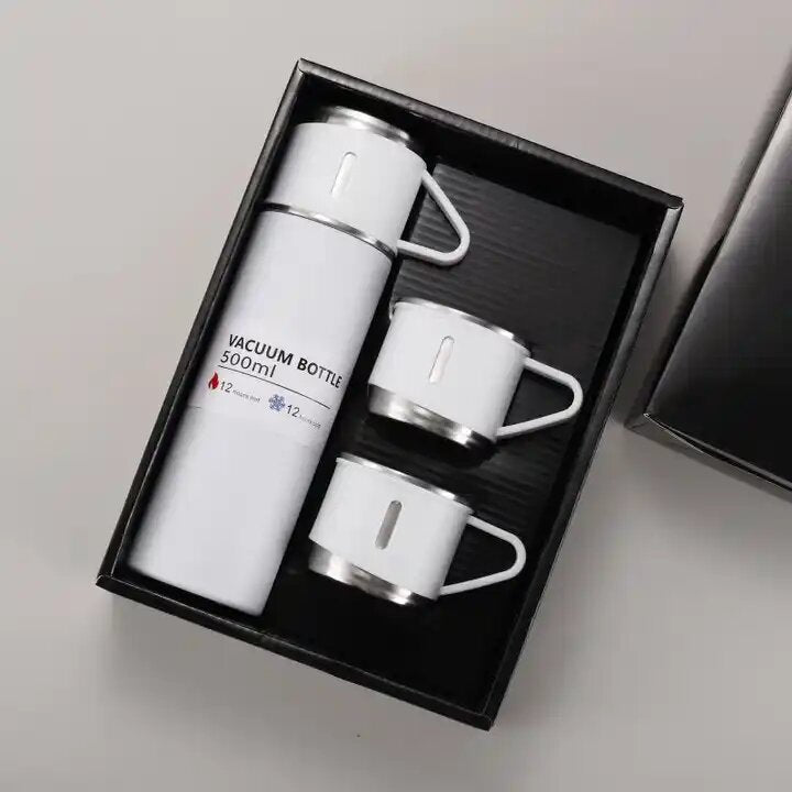 Gift Pack Stainless Steel Vacuum Flask Set with 3 Steel Cups Combo Coffee Hot Drink and Cold Water Flask Ideal Gifting Travel Friendly Latest Flask Bottle for Hot and Cold Drink Flask Bottle 500ml