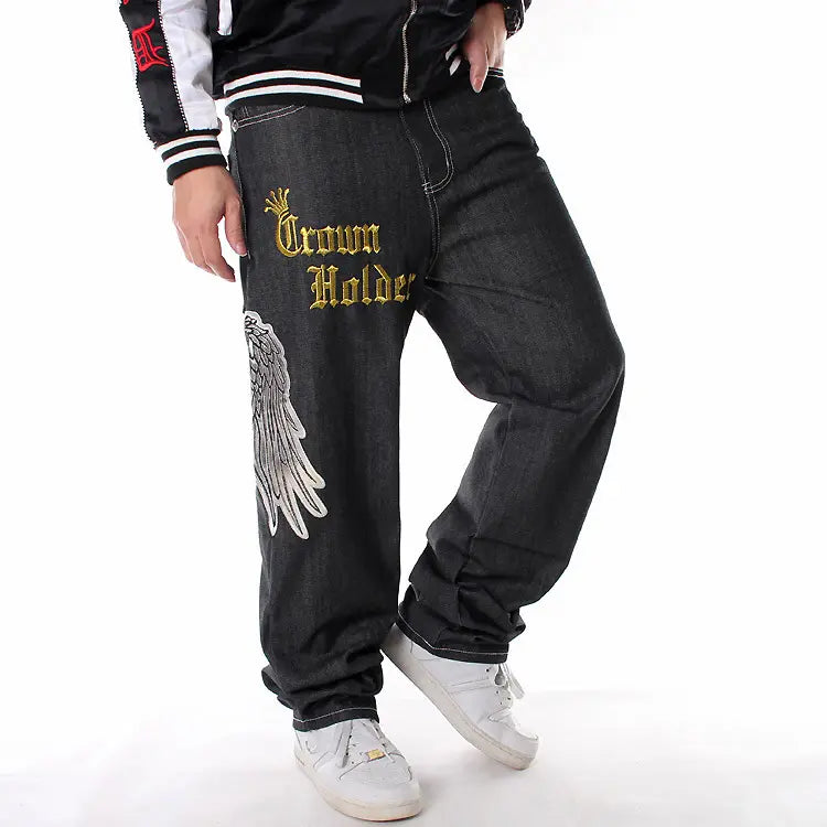 European American Hipster men's loose straight skateboard jeans trousers embroidery shirt hip hop denim pants black jeans