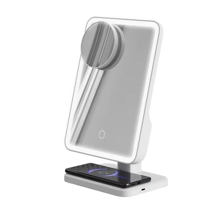 3-in-1 Bluetooth LED Makeup Mirror with Built-In Speaker & Wireless Charging – Multifunctional Smart Vanity Mirror for Makeup, Dressing Table, Bedroom & Modern Beauty Setup 10X Magnifying Mirror / LED Light / FM / TF Card / Wireless Charging