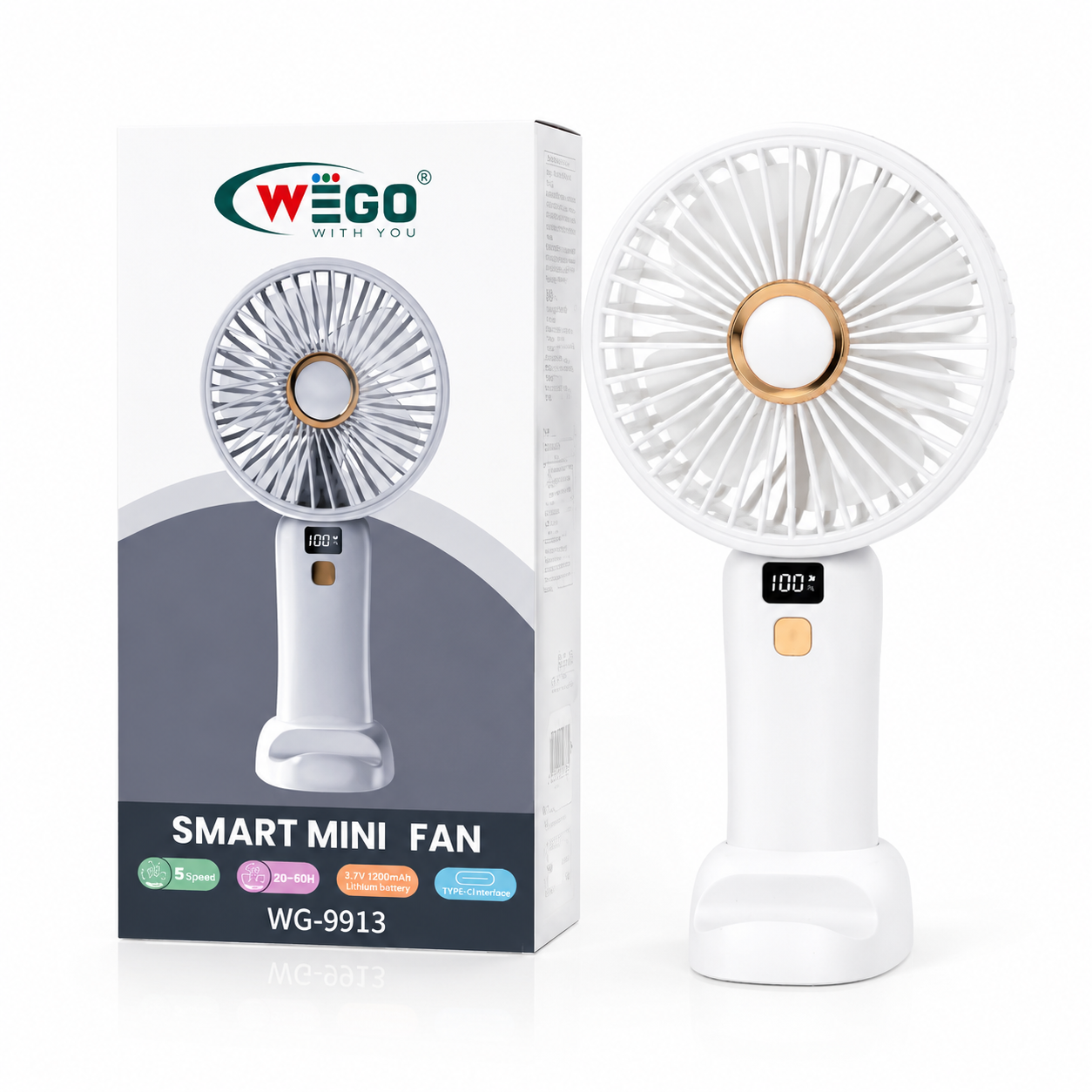 WEGO Smart Mini Portable Handheld Fan WG-9913 – Rechargeable USB Cooling Fan with Digital Display, 5 Speed Modes, Low Noise Operation, Long Battery Life, Fast Charging & Compact Travel Design for Home, Office & Outdoor Use